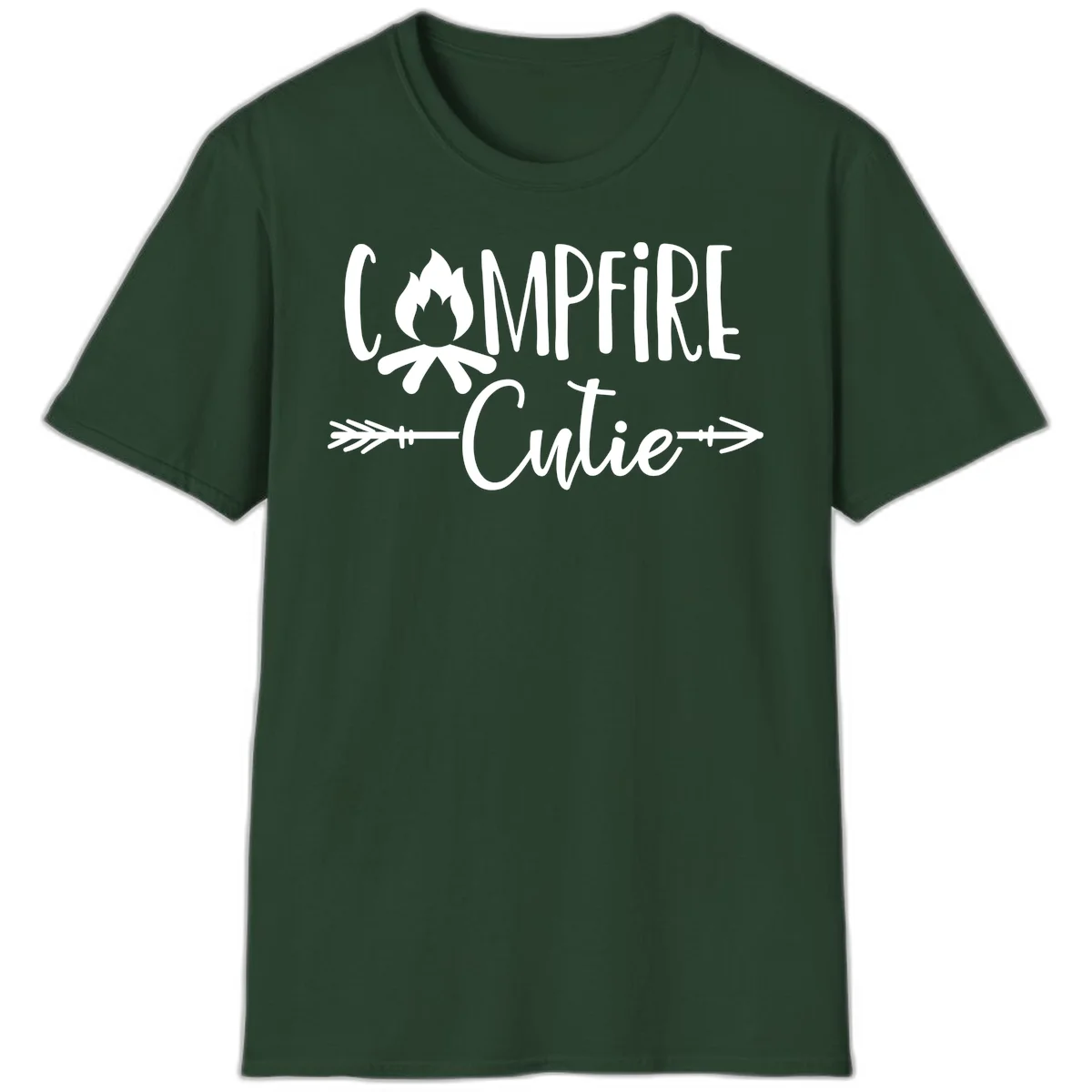 Campfire cutie design with stylized flame icon and decorative arrows on gray background in Forest Green
