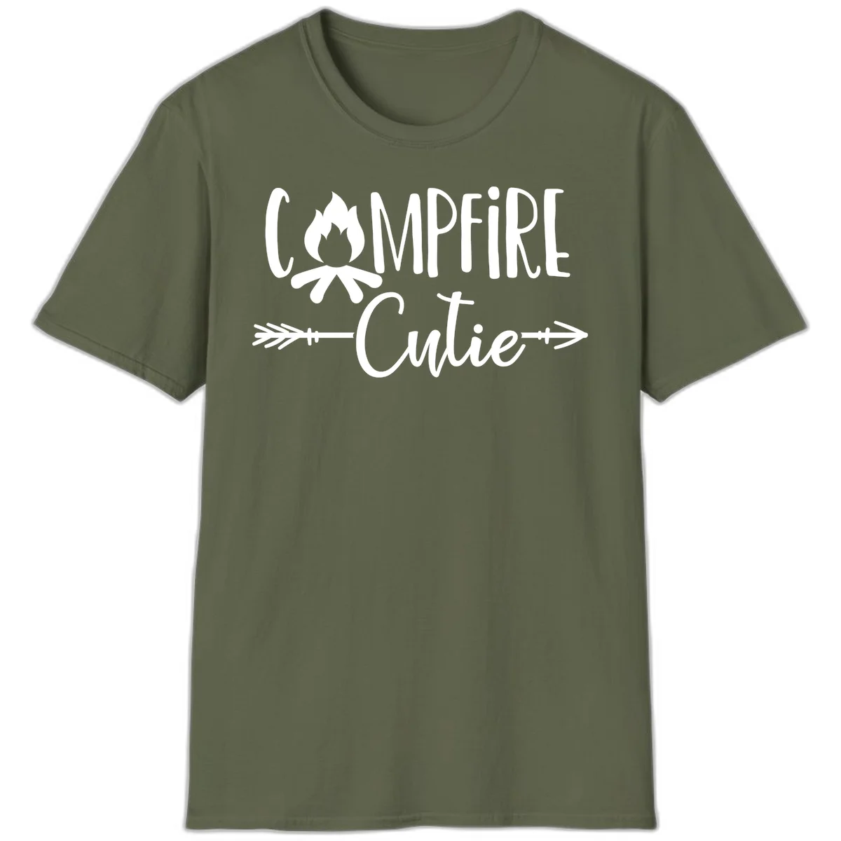 Campfire cutie design with stylized flame icon and decorative arrows on gray background in Military Green