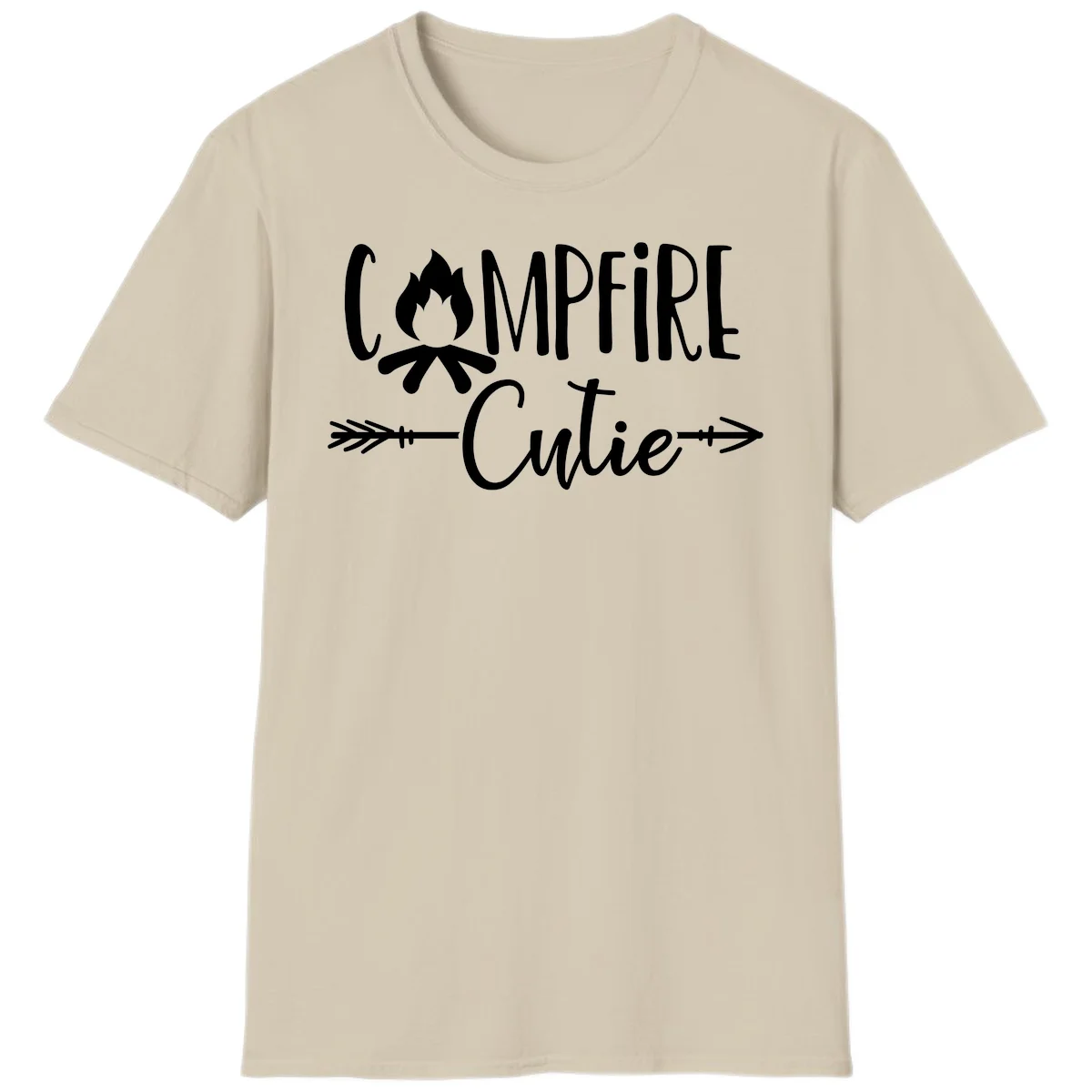 Campfire cutie design with stylized flame icon and decorative arrows on gray background in Sand