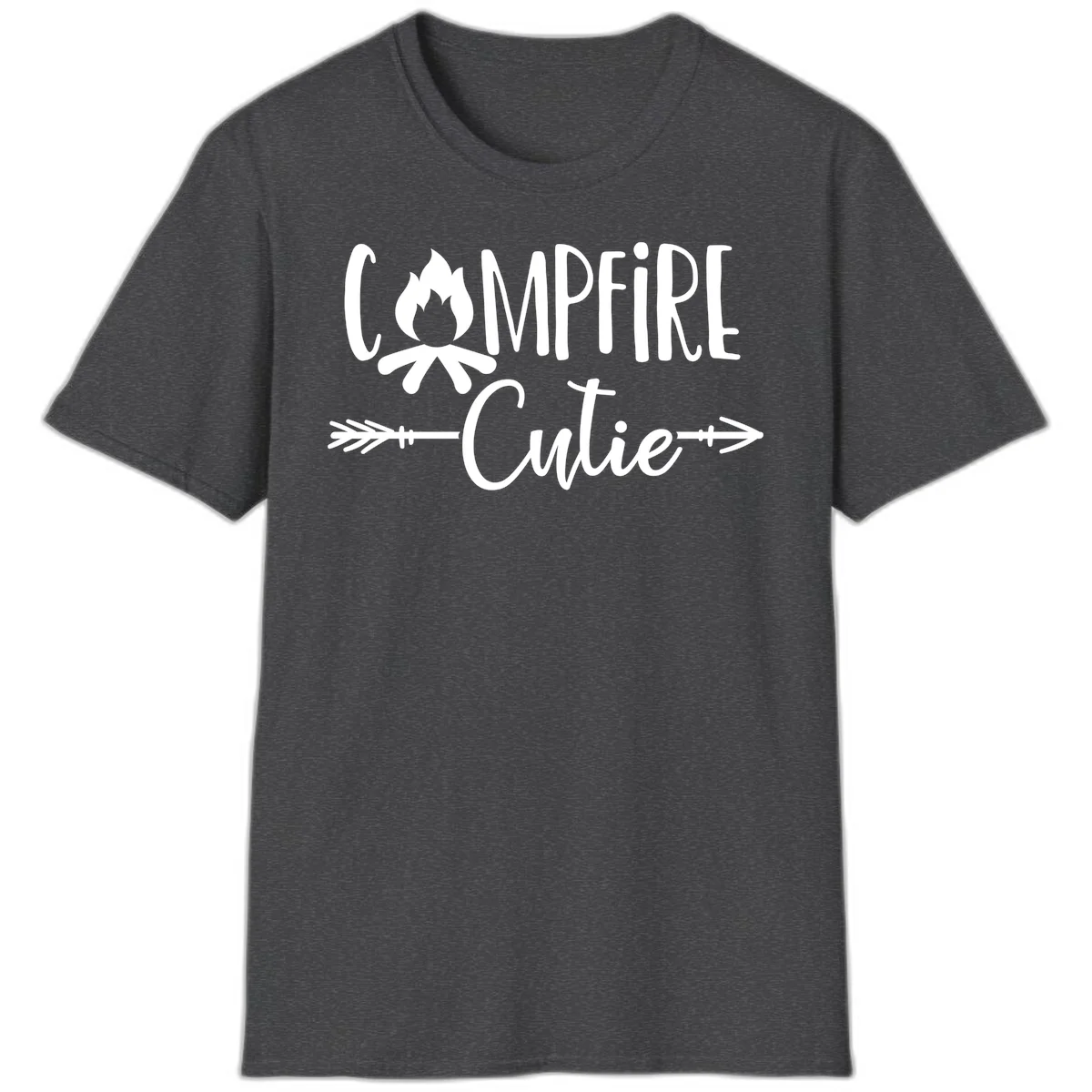 Campfire cutie design with stylized flame icon and decorative arrows on gray background in Dark Heather