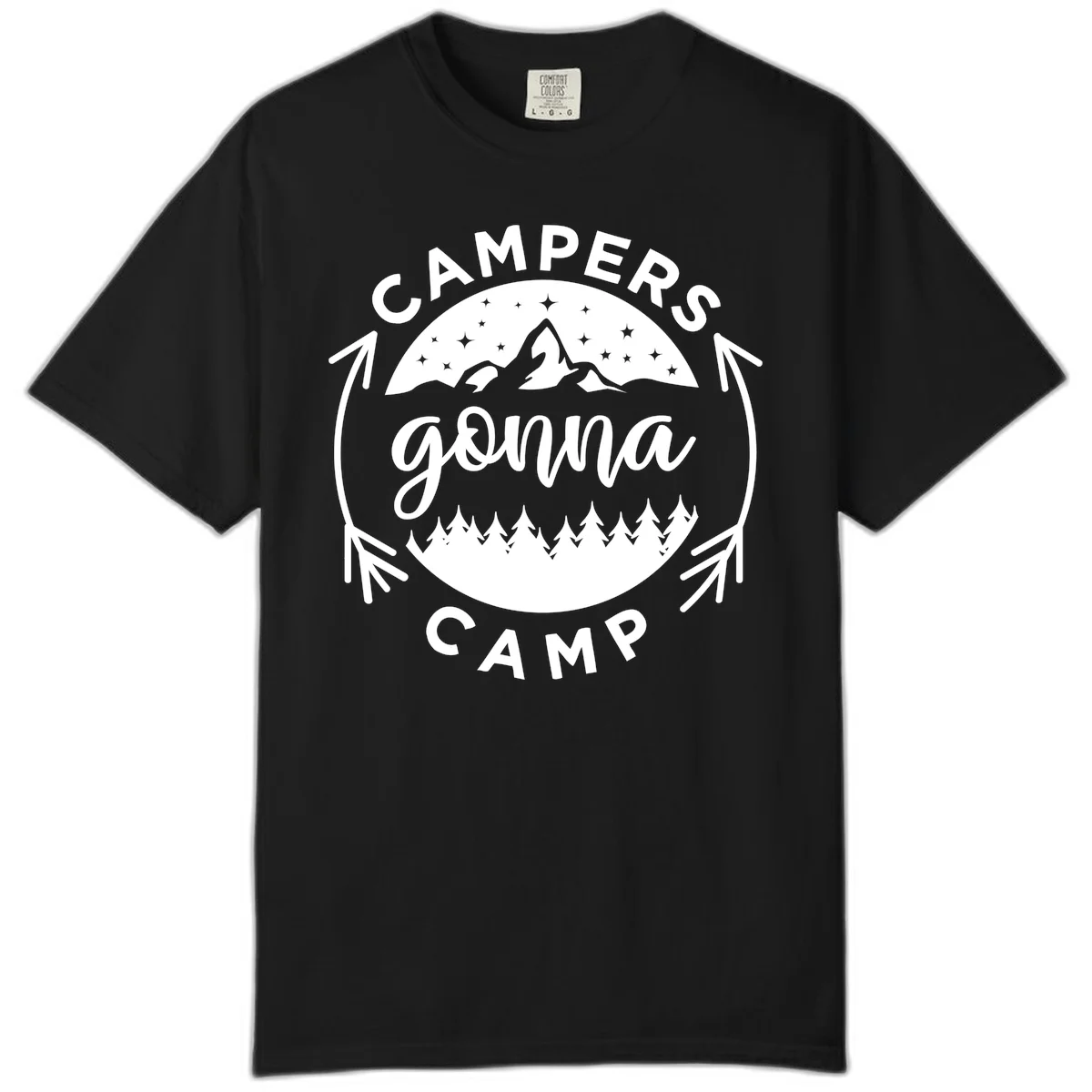 Circular badge design with 'Campers Gonna Camp' text, mountain peaks, starry sky, and pine forest illustration. in Black