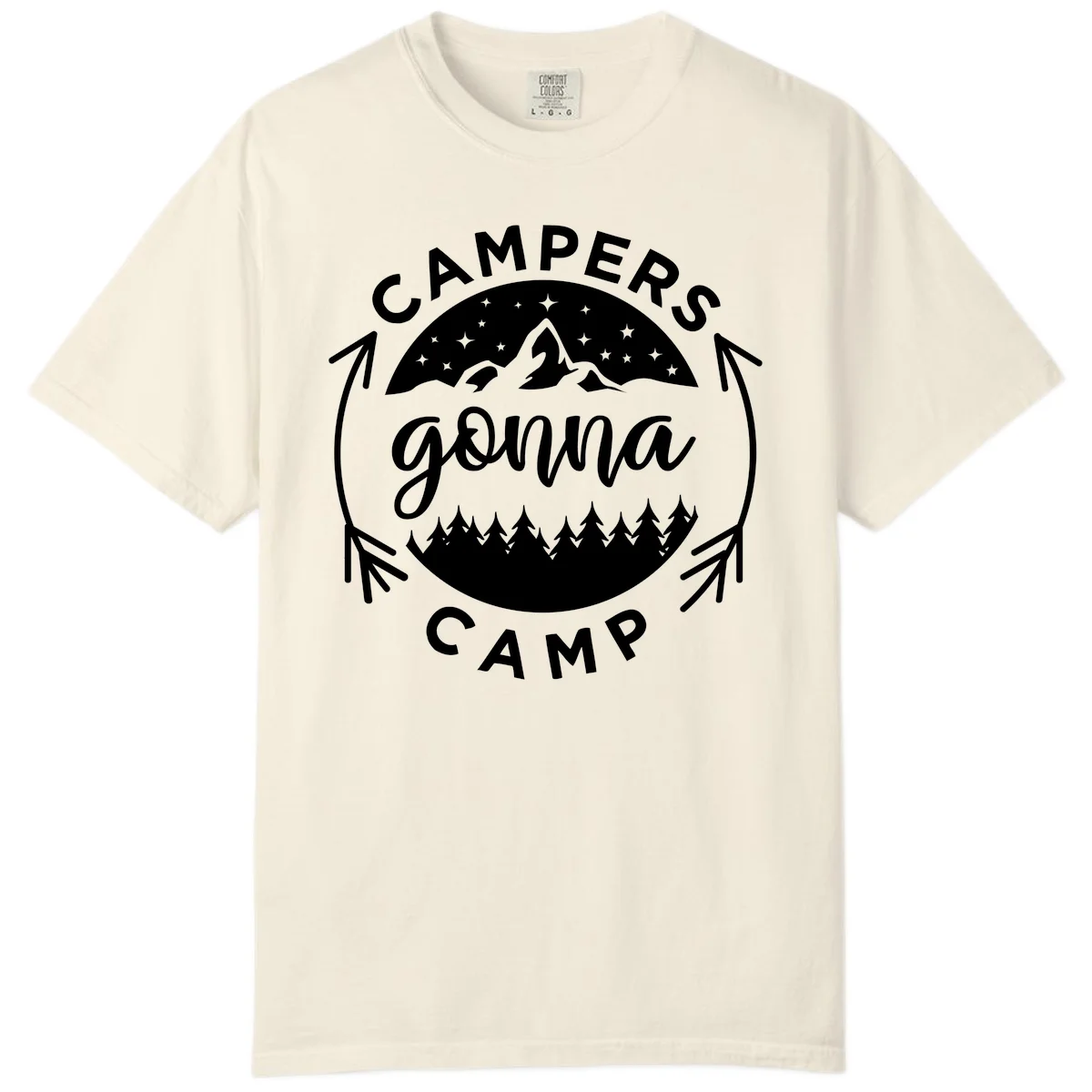 Circular badge design with 'Campers Gonna Camp' text, mountain peaks, starry sky, and pine forest illustration. in Ivory