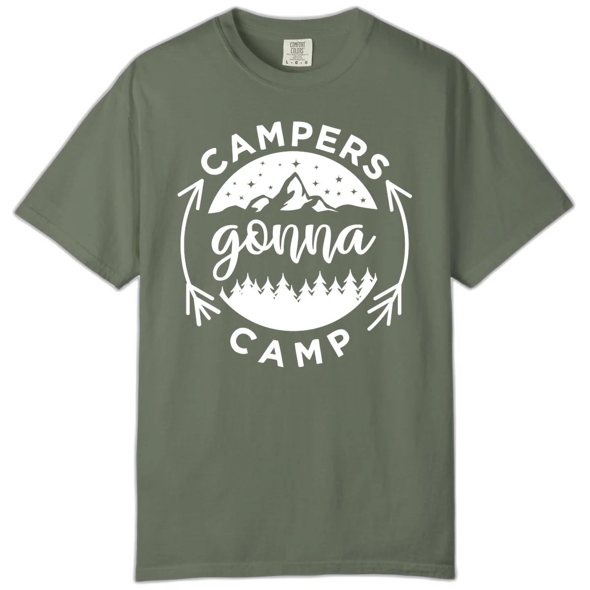 Circular badge design with 'Campers Gonna Camp' text, mountain peaks, starry sky, and pine forest illustration. in Moss