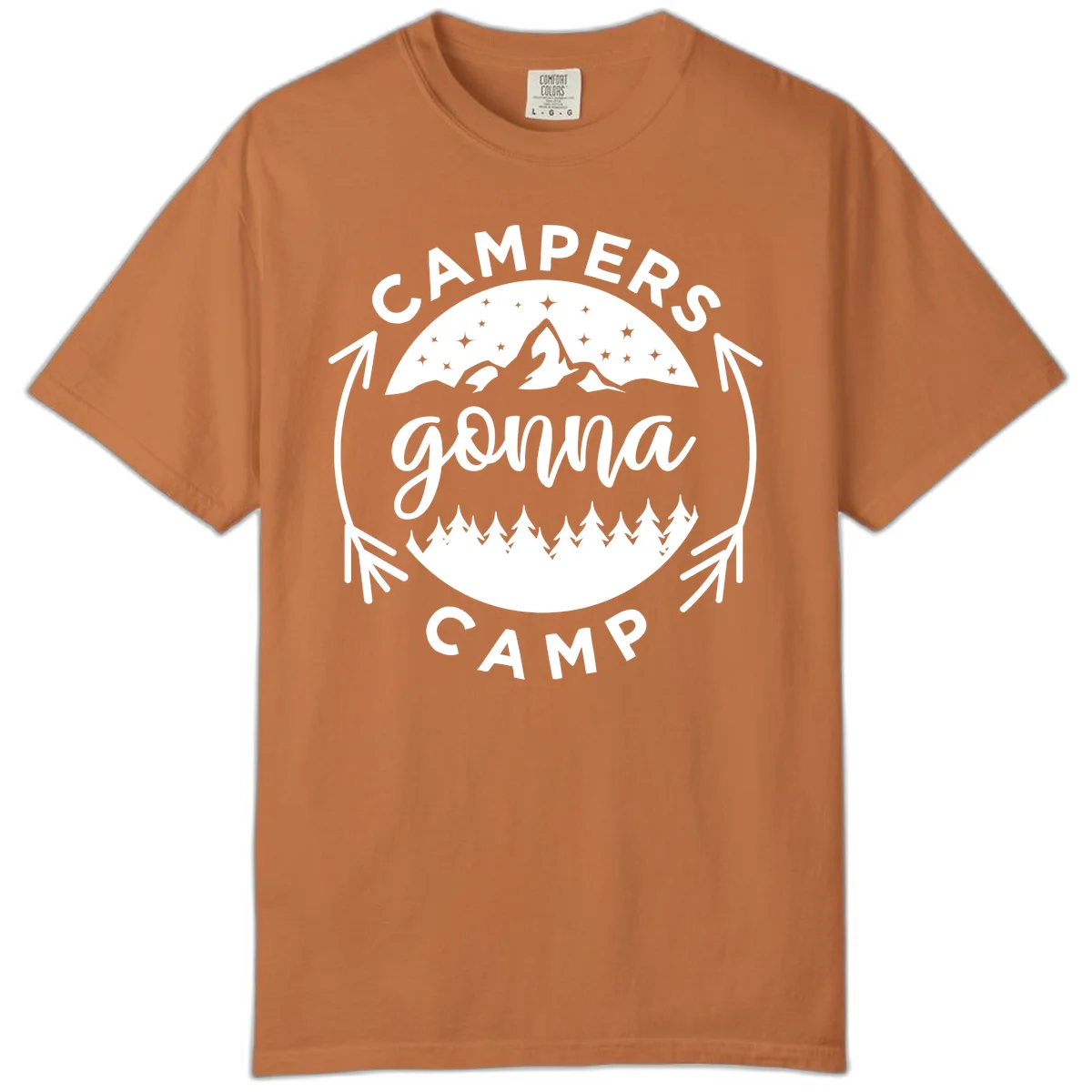 Circular badge design with 'Campers Gonna Camp' text, mountain peaks, starry sky, and pine forest illustration. in Yam