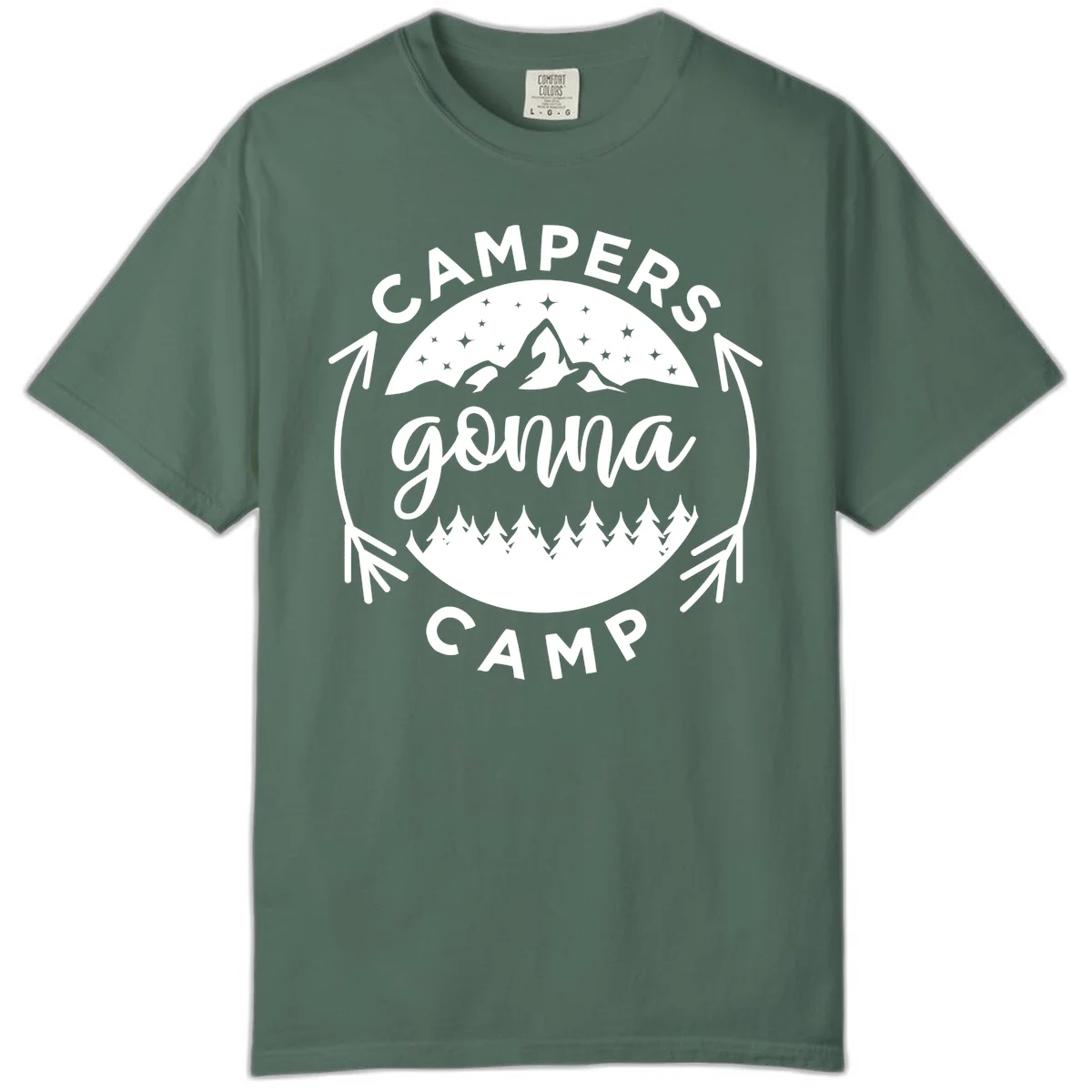 Circular badge design with 'Campers Gonna Camp' text, mountain peaks, starry sky, and pine forest illustration. in Blue Spruce