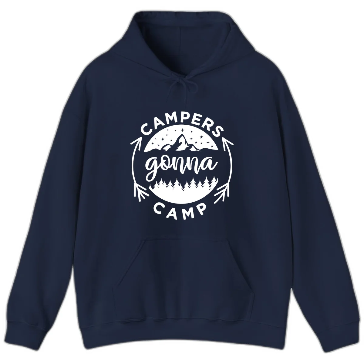 Circular badge design with 'Campers Gonna Camp' text, mountain peaks, starry sky, and pine forest illustration. in Navy