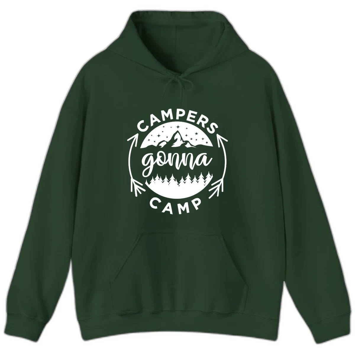 Circular badge design with 'Campers Gonna Camp' text, mountain peaks, starry sky, and pine forest illustration. in Forest Green