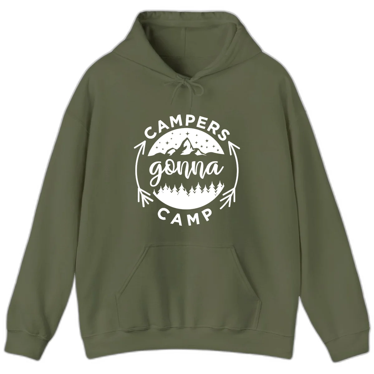 Circular badge design with 'Campers Gonna Camp' text, mountain peaks, starry sky, and pine forest illustration. in Military Green