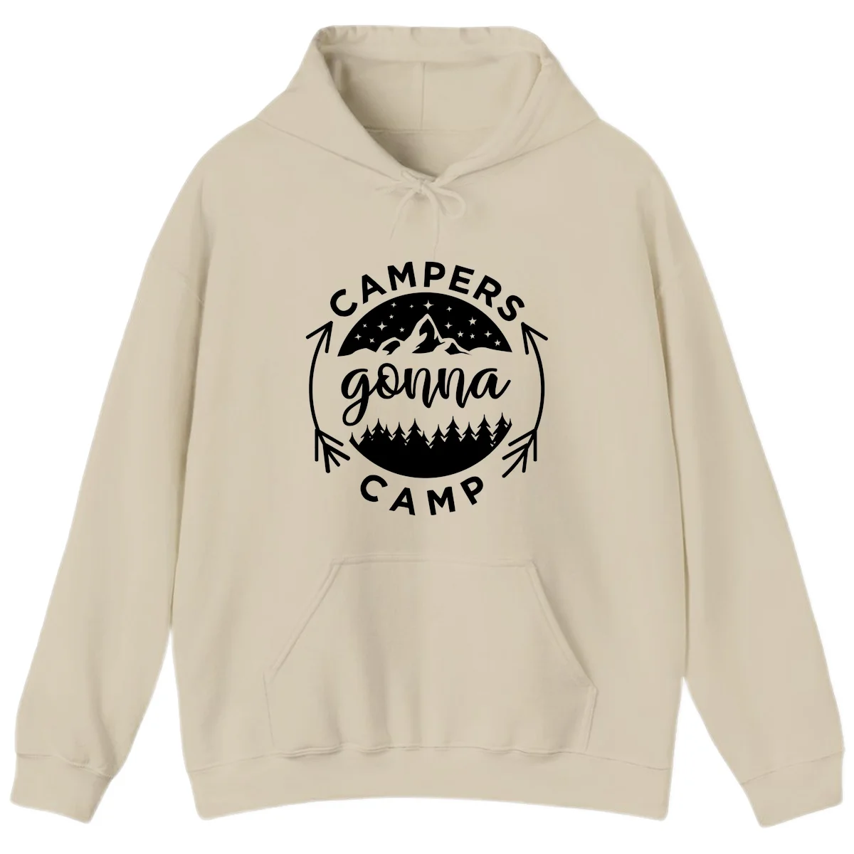 Circular badge design with 'Campers Gonna Camp' text, mountain peaks, starry sky, and pine forest illustration. in Sand