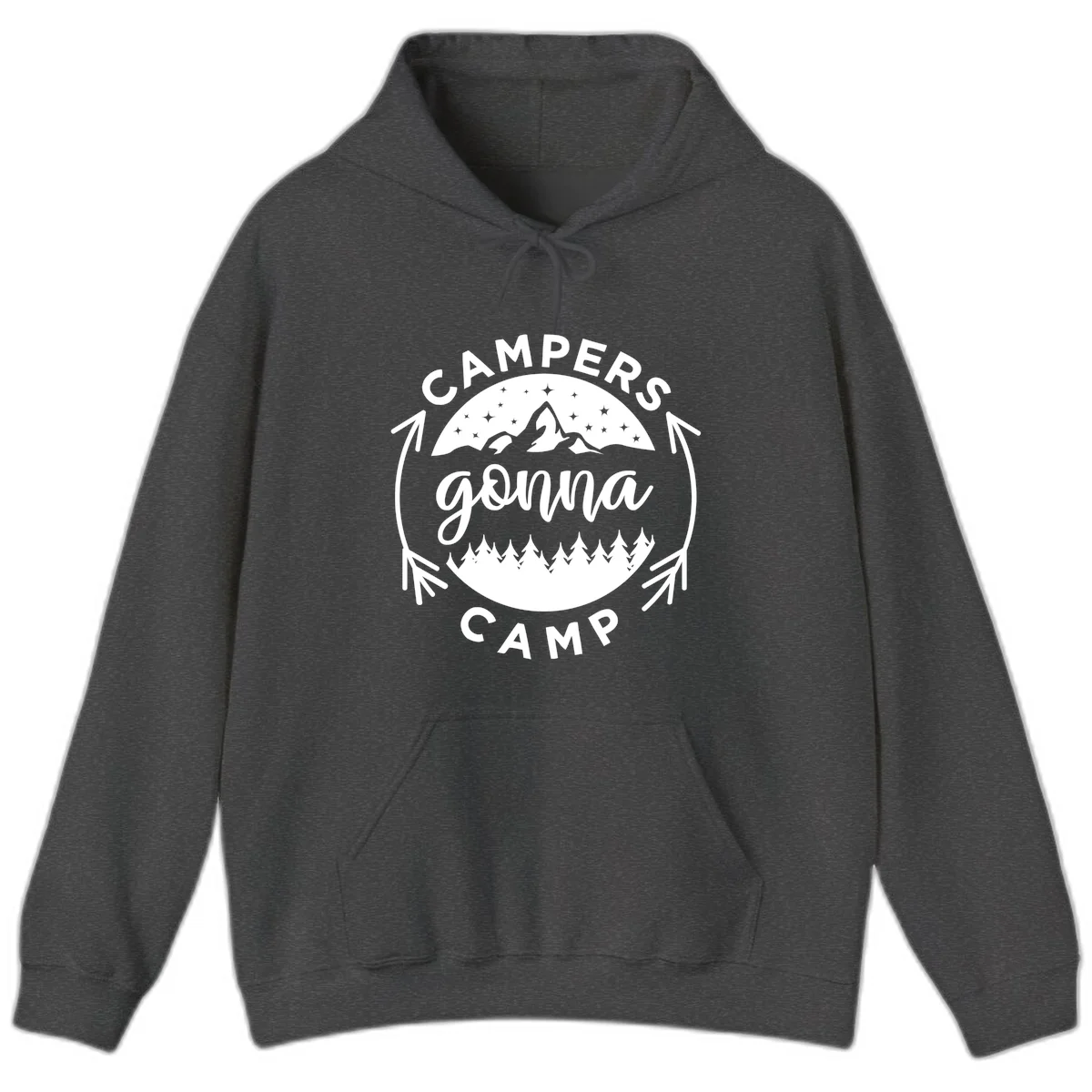 Circular badge design with 'Campers Gonna Camp' text, mountain peaks, starry sky, and pine forest illustration. in Dark Heather