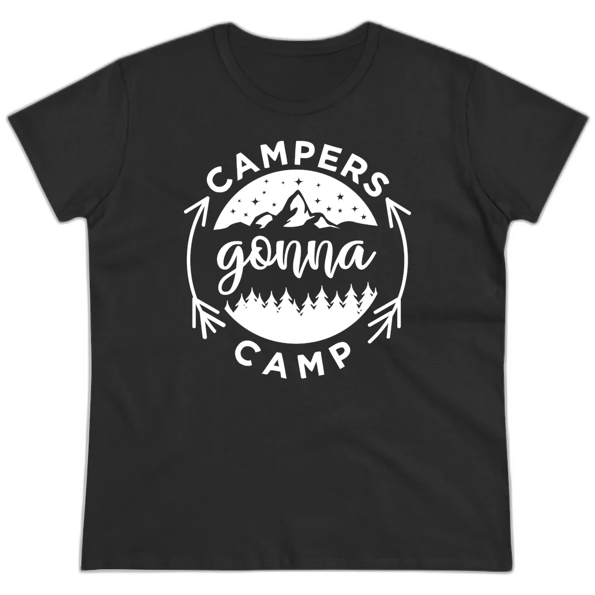 Circular badge design with 'Campers Gonna Camp' text, mountain peaks, starry sky, and pine forest illustration. in Black