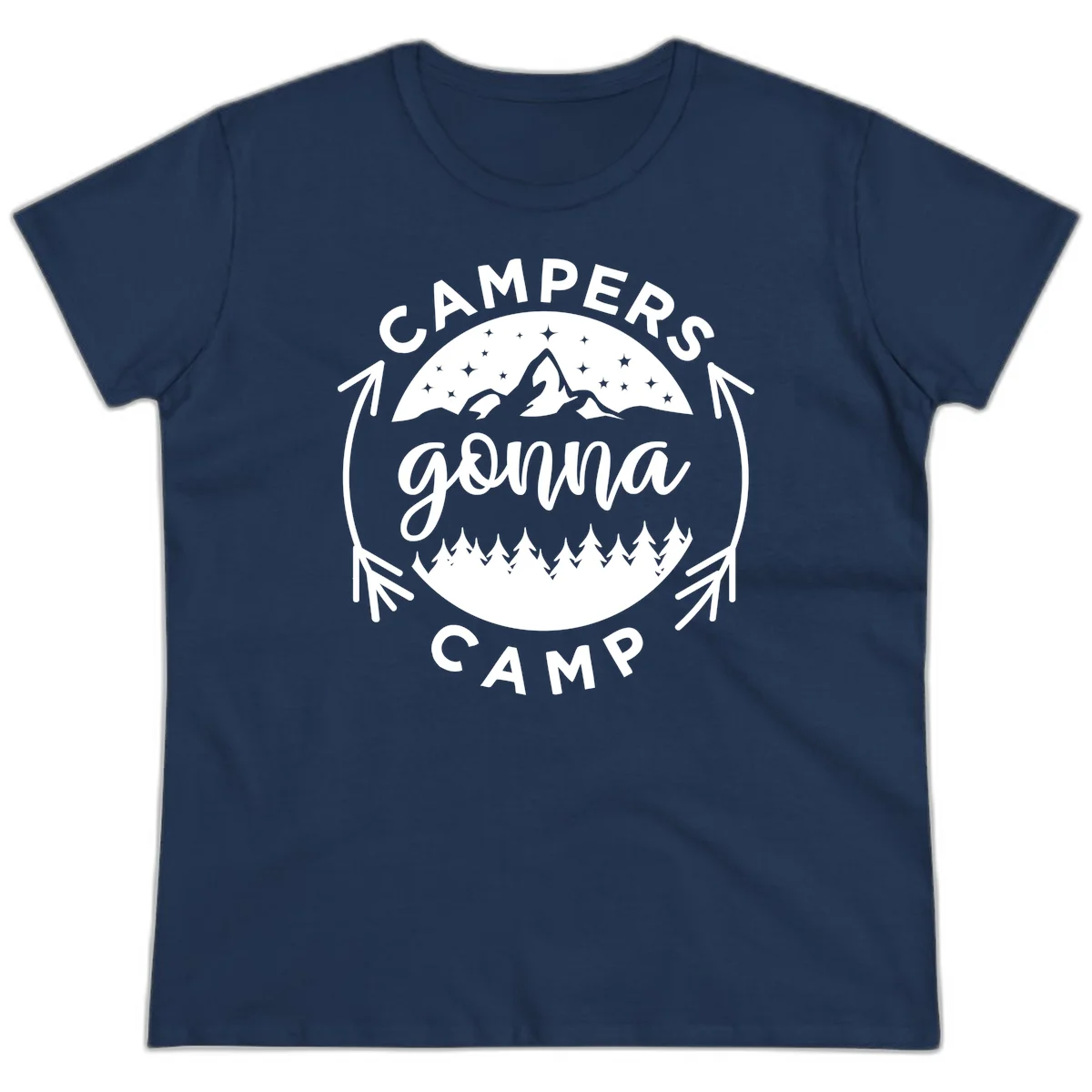 Circular badge design with 'Campers Gonna Camp' text, mountain peaks, starry sky, and pine forest illustration. in Navy