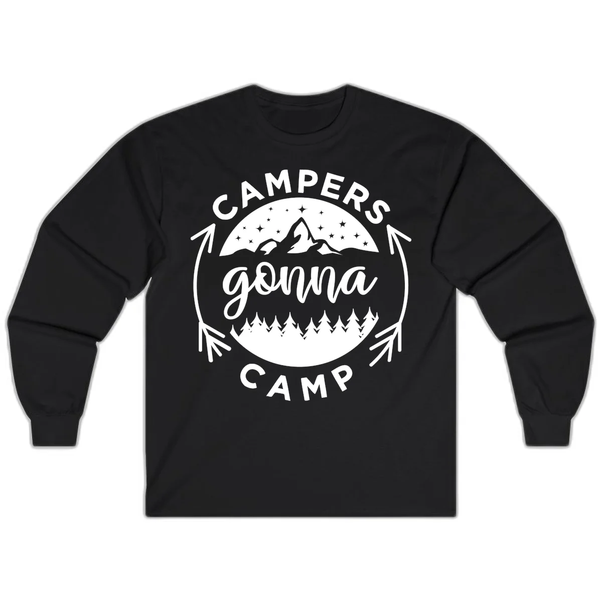 Circular badge design with 'Campers Gonna Camp' text, mountain peaks, starry sky, and pine forest illustration. in Black