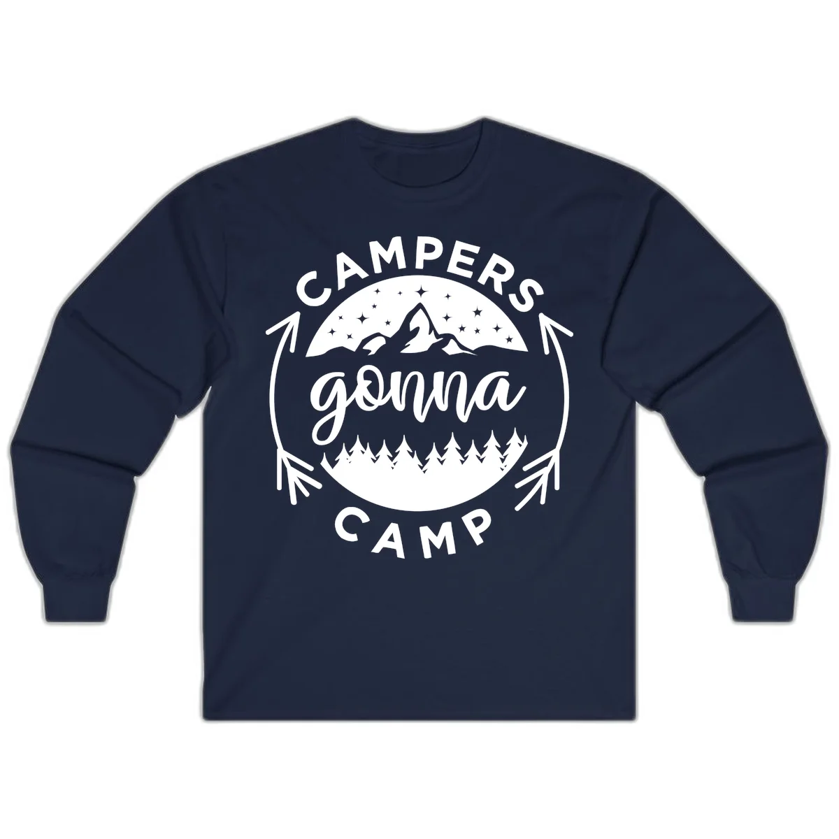 Circular badge design with 'Campers Gonna Camp' text, mountain peaks, starry sky, and pine forest illustration. in Navy