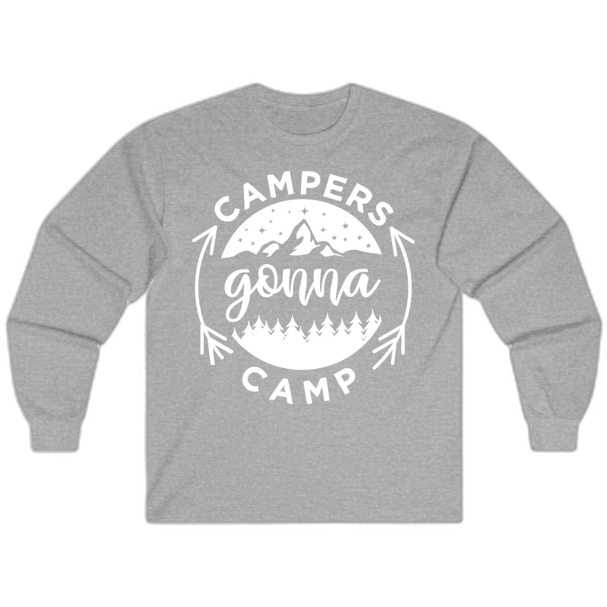 Circular badge design with 'Campers Gonna Camp' text, mountain peaks, starry sky, and pine forest illustration. in Sport Grey