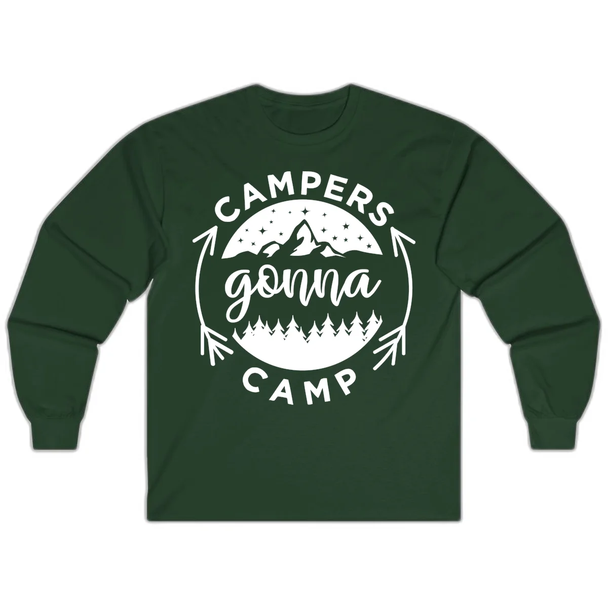 Circular badge design with 'Campers Gonna Camp' text, mountain peaks, starry sky, and pine forest illustration. in Forest Green