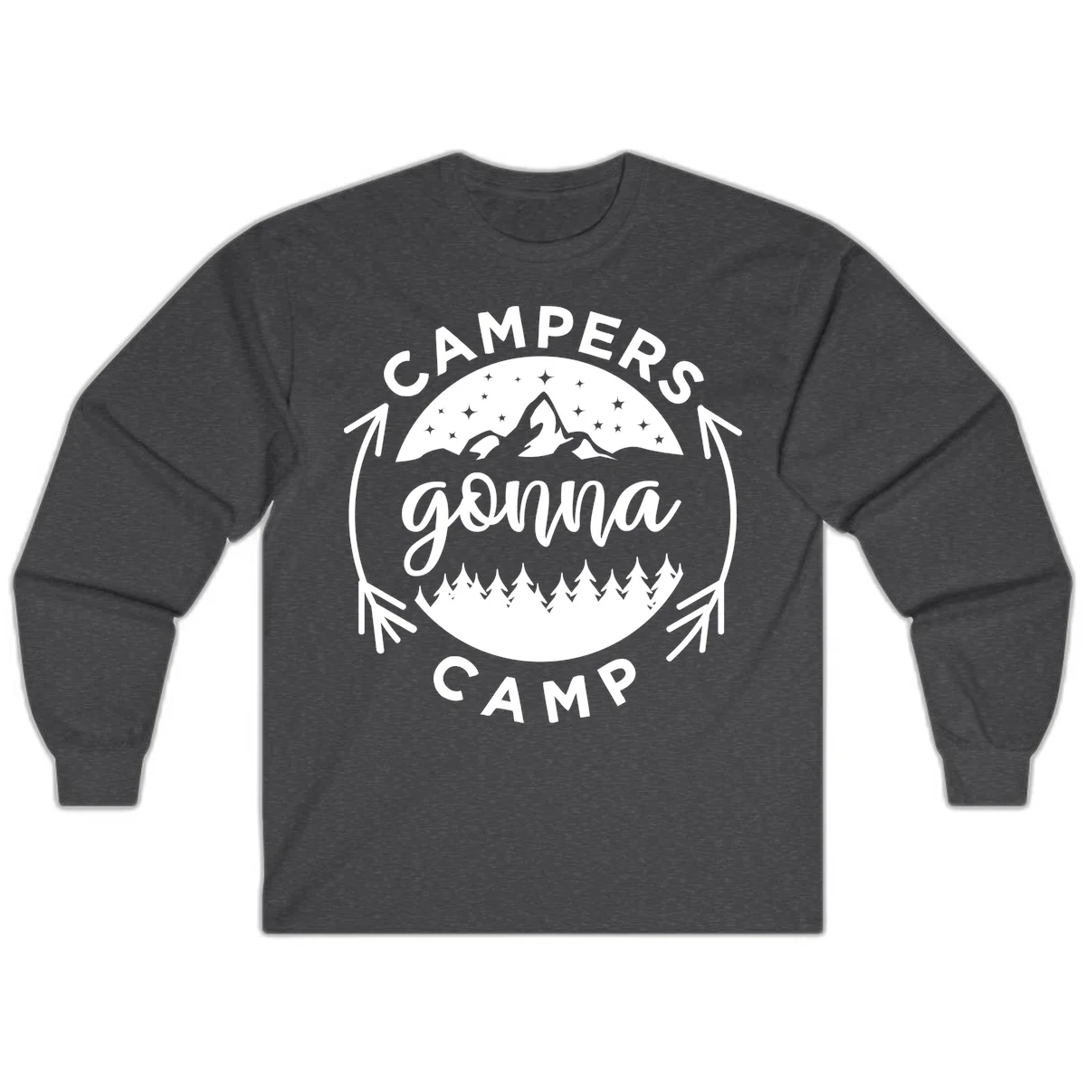 Circular badge design with 'Campers Gonna Camp' text, mountain peaks, starry sky, and pine forest illustration. in Dark Heather