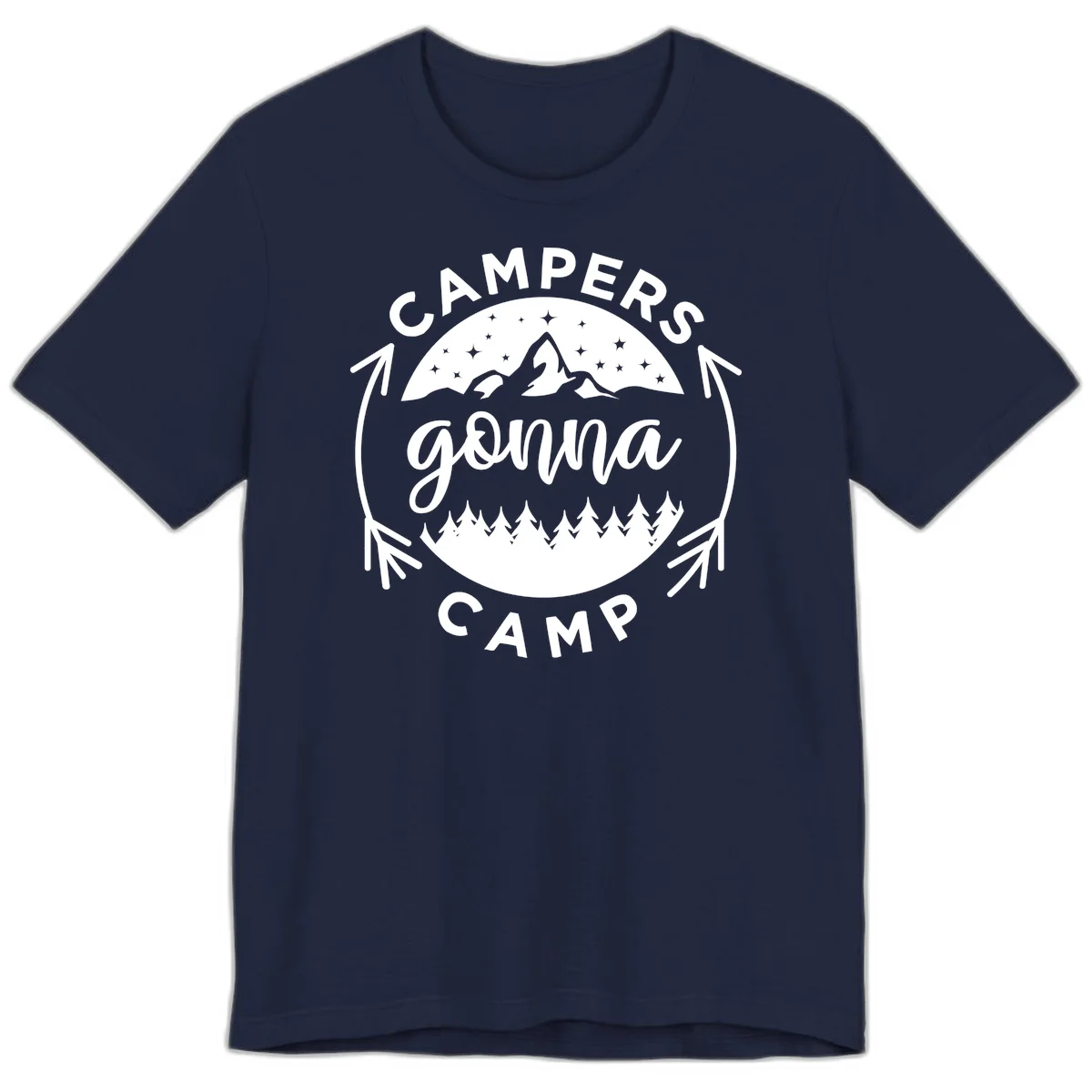 Circular badge design with 'Campers Gonna Camp' text, mountain peaks, starry sky, and pine forest illustration. in Navy