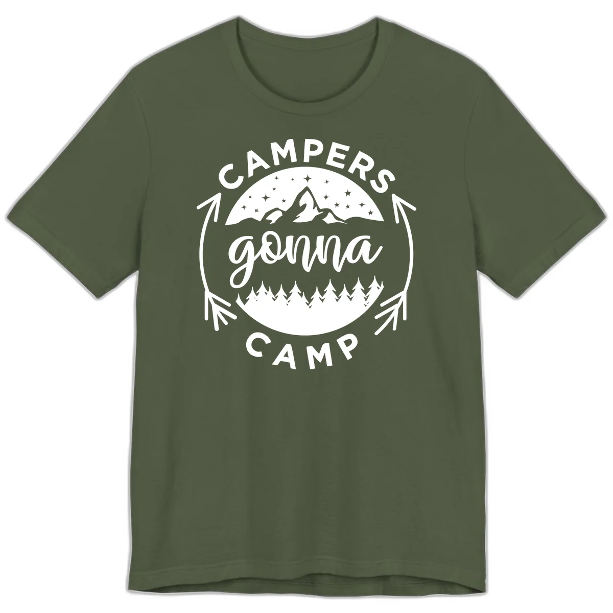 Circular badge design with 'Campers Gonna Camp' text, mountain peaks, starry sky, and pine forest illustration. in Military Green