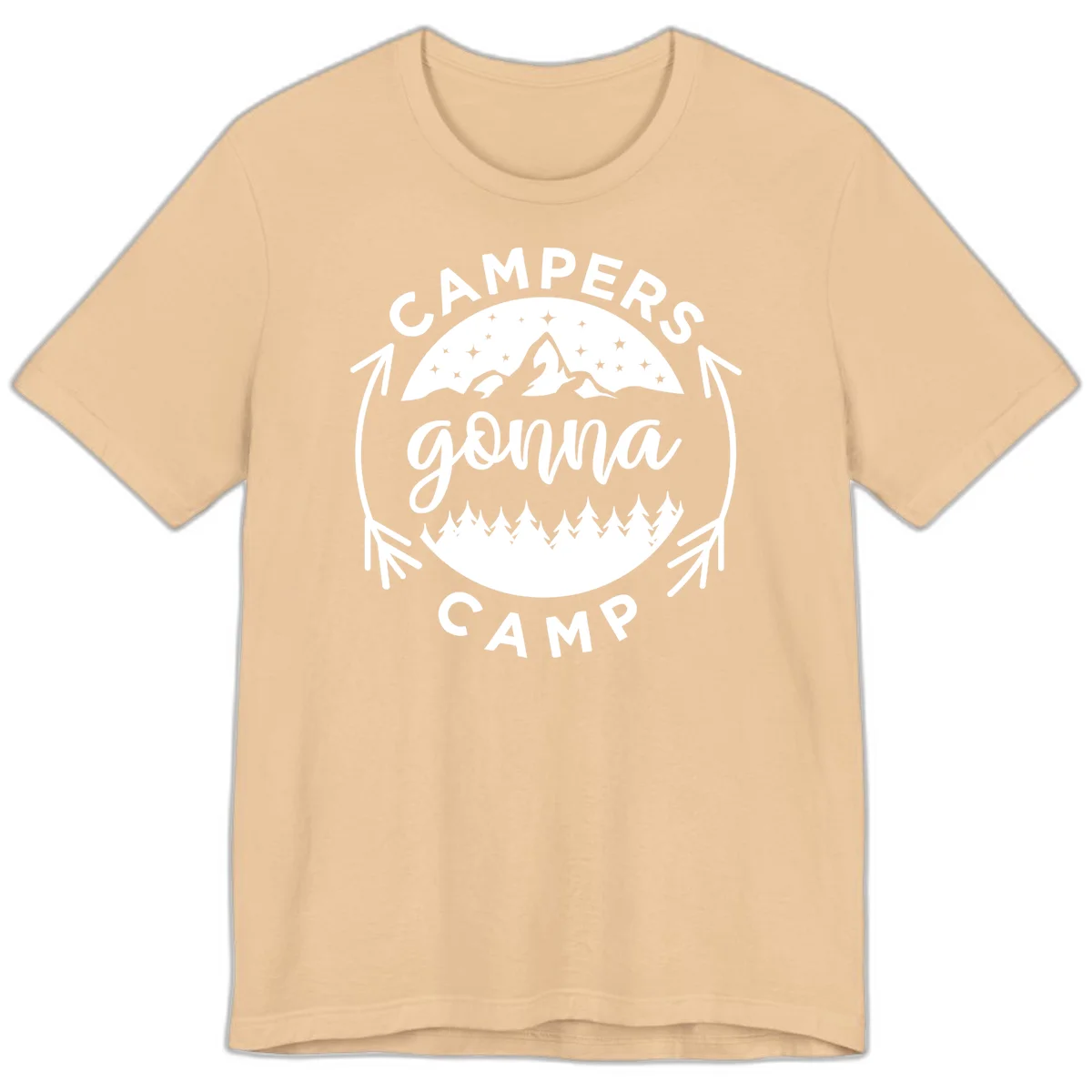 Circular badge design with 'Campers Gonna Camp' text, mountain peaks, starry sky, and pine forest illustration. in Sand Dune