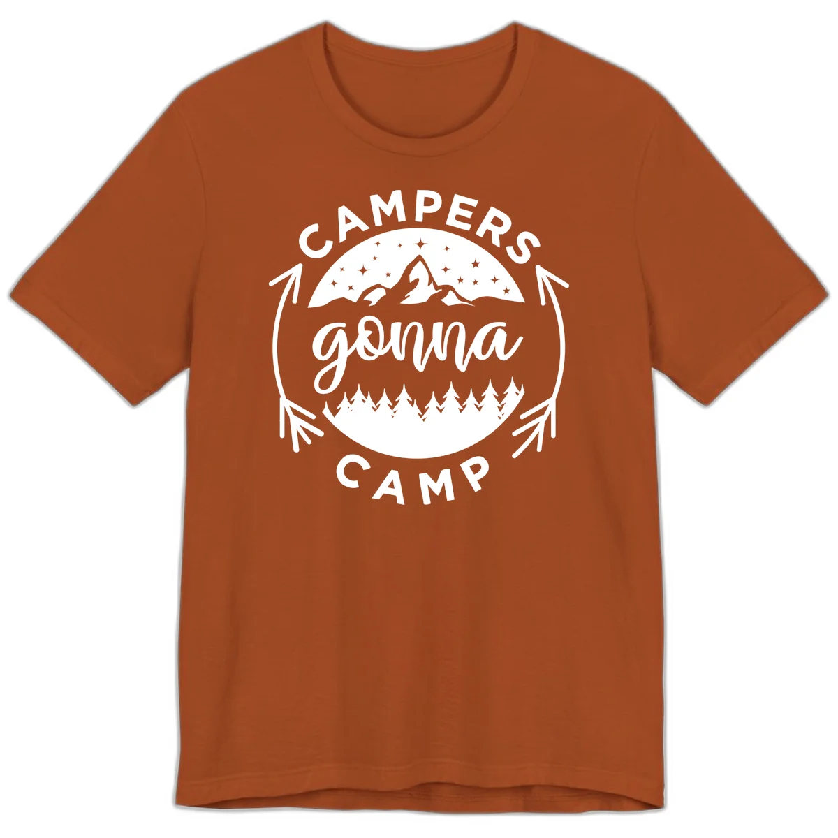Circular badge design with 'Campers Gonna Camp' text, mountain peaks, starry sky, and pine forest illustration. in Autumn