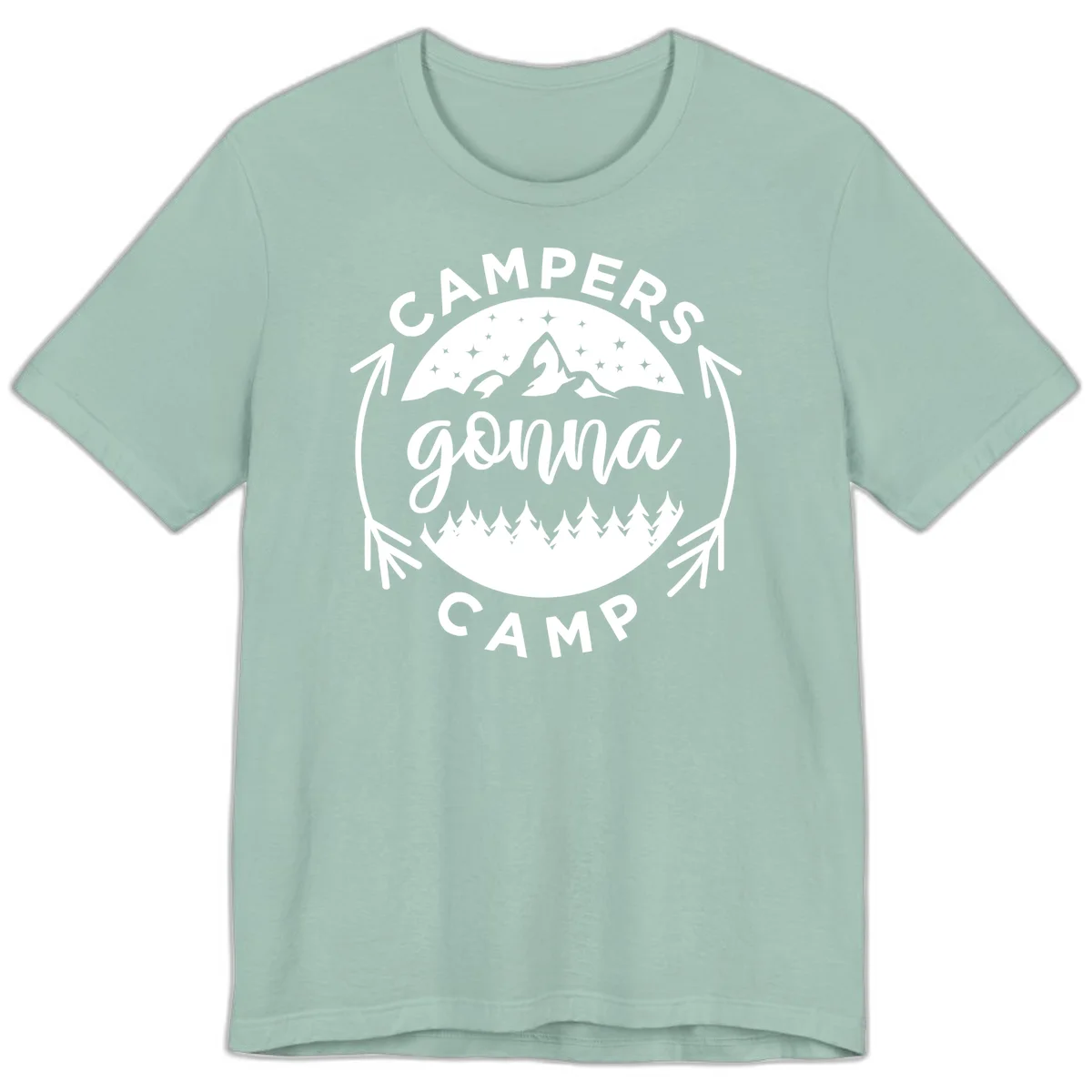 Circular badge design with 'Campers Gonna Camp' text, mountain peaks, starry sky, and pine forest illustration. in Dusty Blue