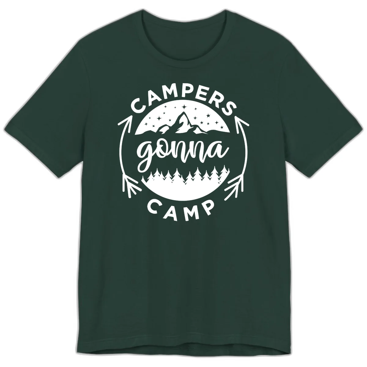 Circular badge design with 'Campers Gonna Camp' text, mountain peaks, starry sky, and pine forest illustration. in Forest
