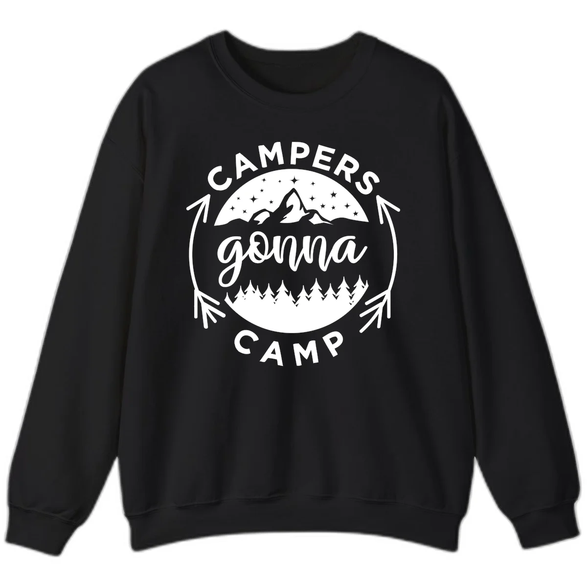Circular badge design with 'Campers Gonna Camp' text, mountain peaks, starry sky, and pine forest illustration. in Black