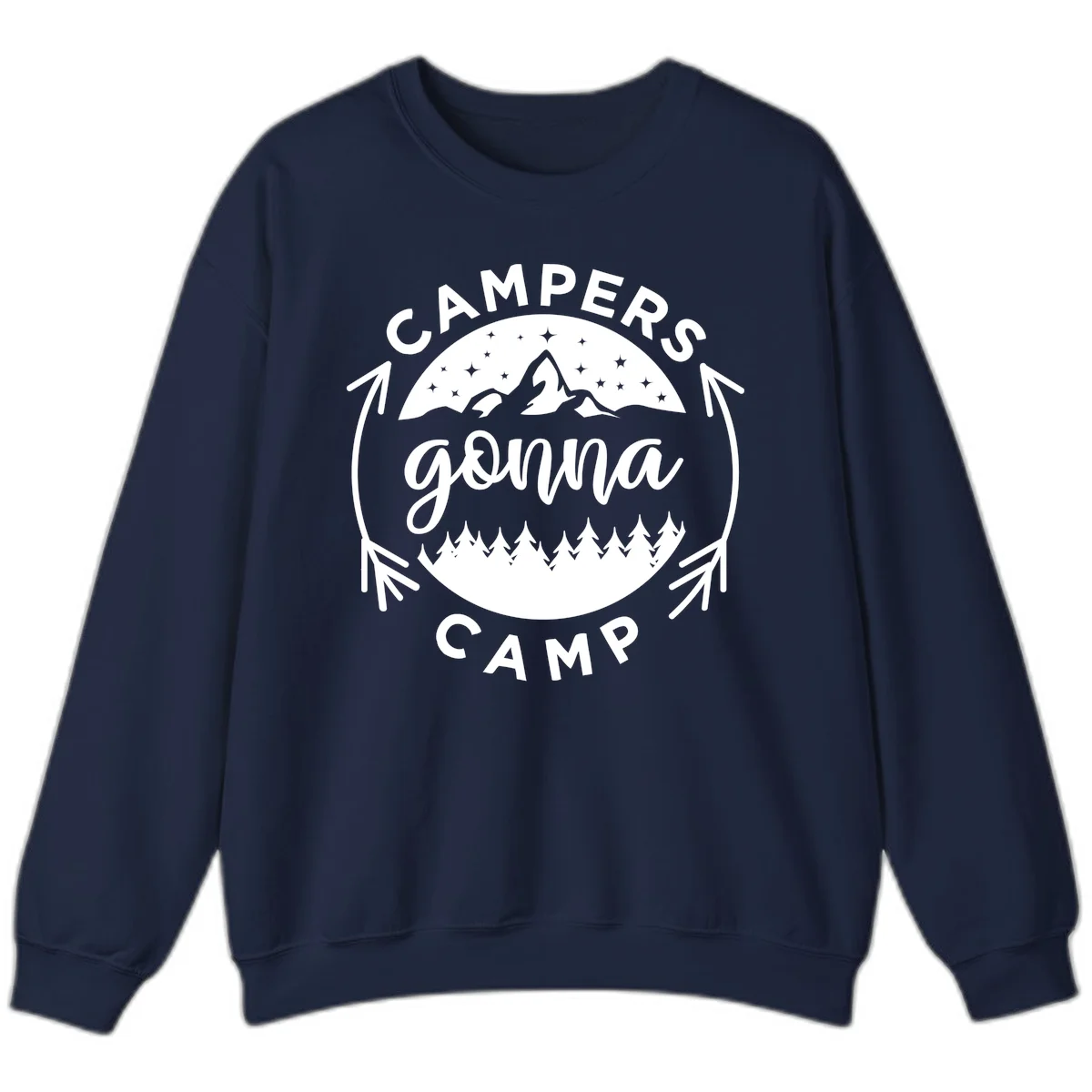 Circular badge design with 'Campers Gonna Camp' text, mountain peaks, starry sky, and pine forest illustration. in Navy