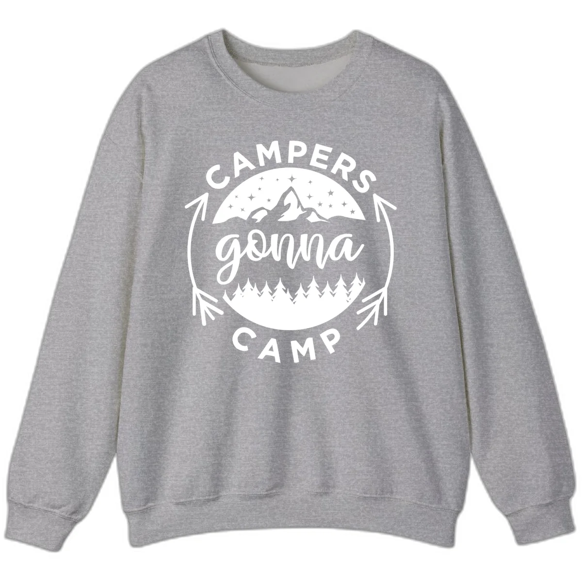 Circular badge design with 'Campers Gonna Camp' text, mountain peaks, starry sky, and pine forest illustration. in Sport Grey