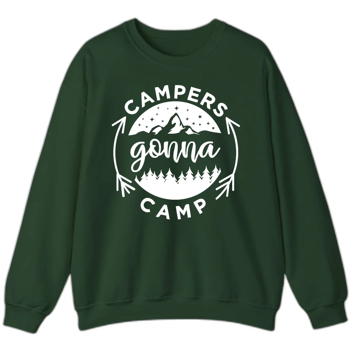 Circular badge design with 'Campers Gonna Camp' text, mountain peaks, starry sky, and pine forest illustration. in Forest Green