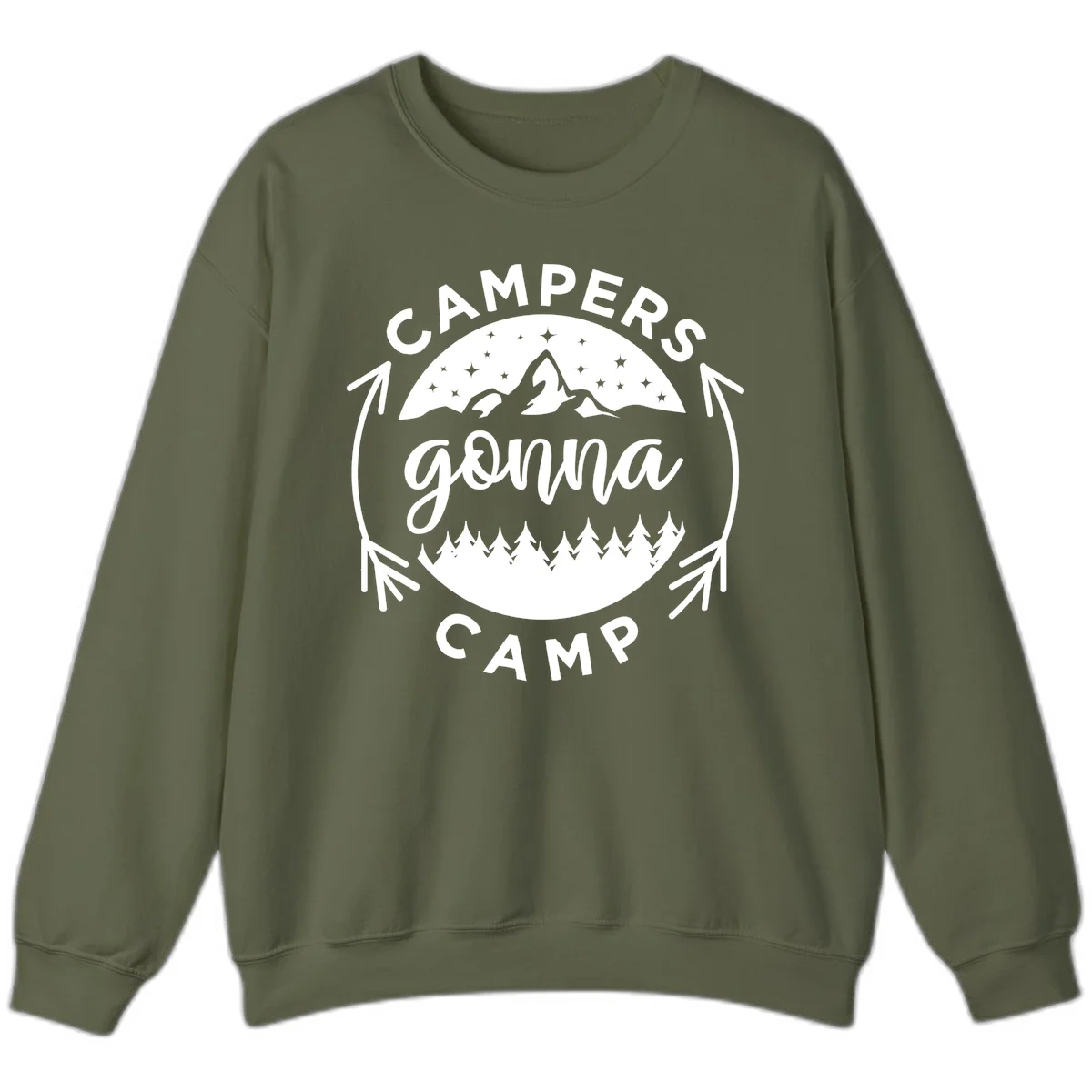Circular badge design with 'Campers Gonna Camp' text, mountain peaks, starry sky, and pine forest illustration. in Military Green