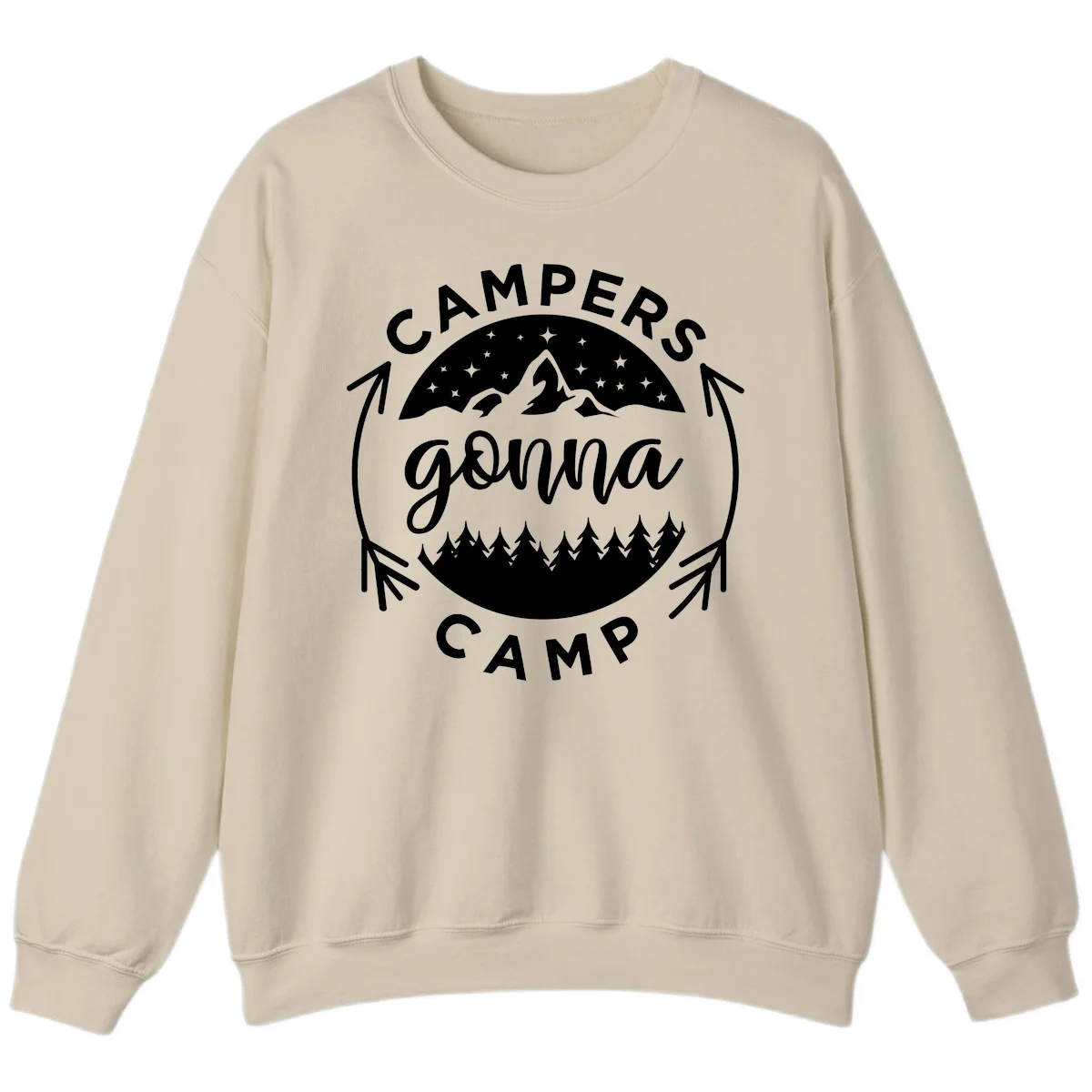 Circular badge design with 'Campers Gonna Camp' text, mountain peaks, starry sky, and pine forest illustration. in Sand