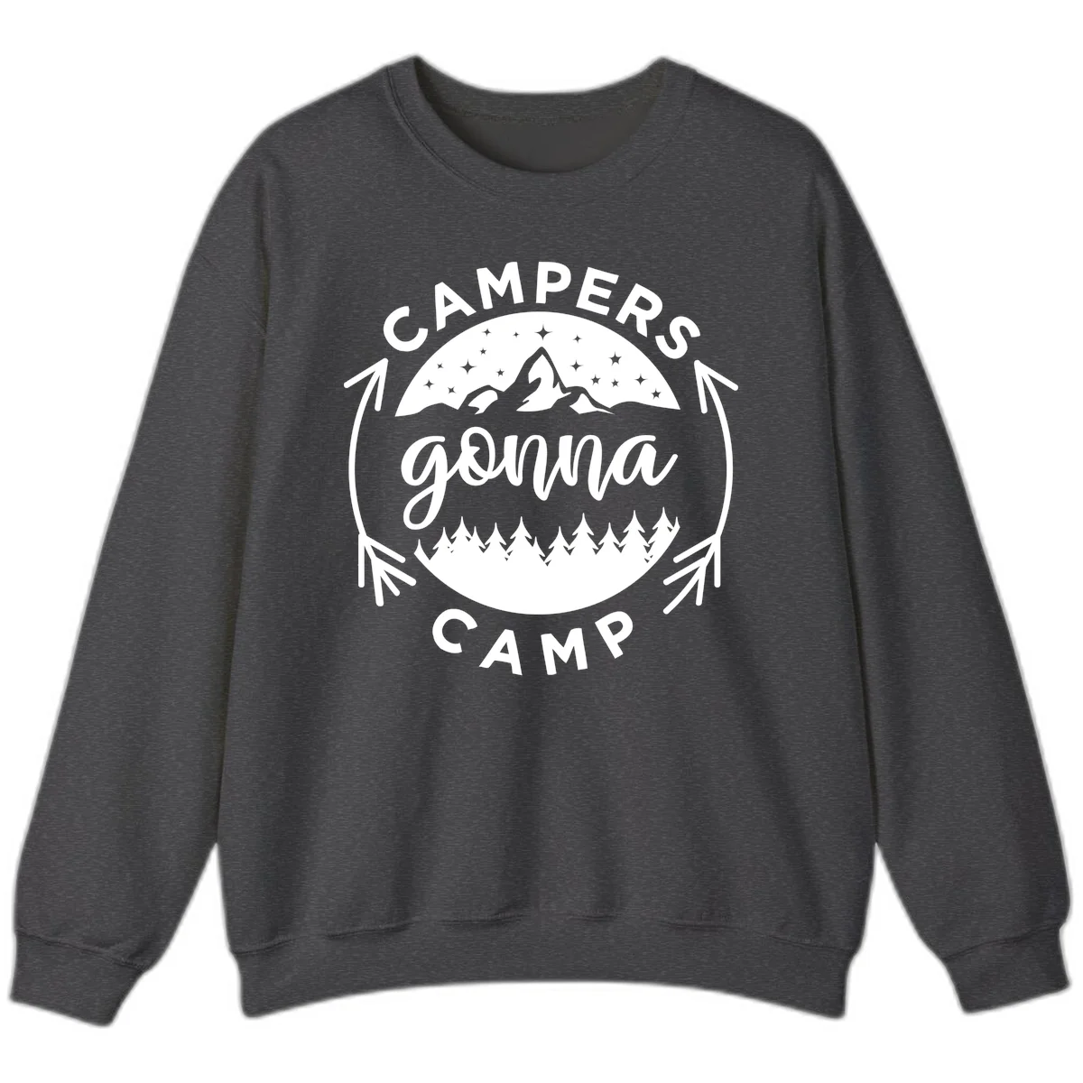 Circular badge design with 'Campers Gonna Camp' text, mountain peaks, starry sky, and pine forest illustration. in Dark Heather
