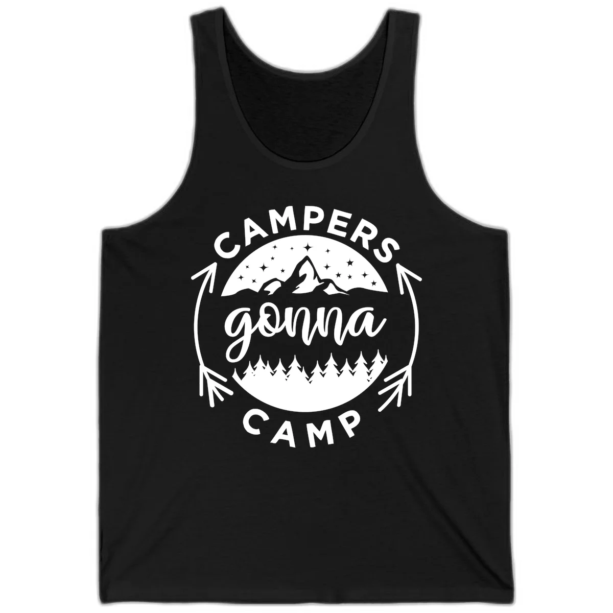 Circular badge design with 'Campers Gonna Camp' text, mountain peaks, starry sky, and pine forest illustration. in Black