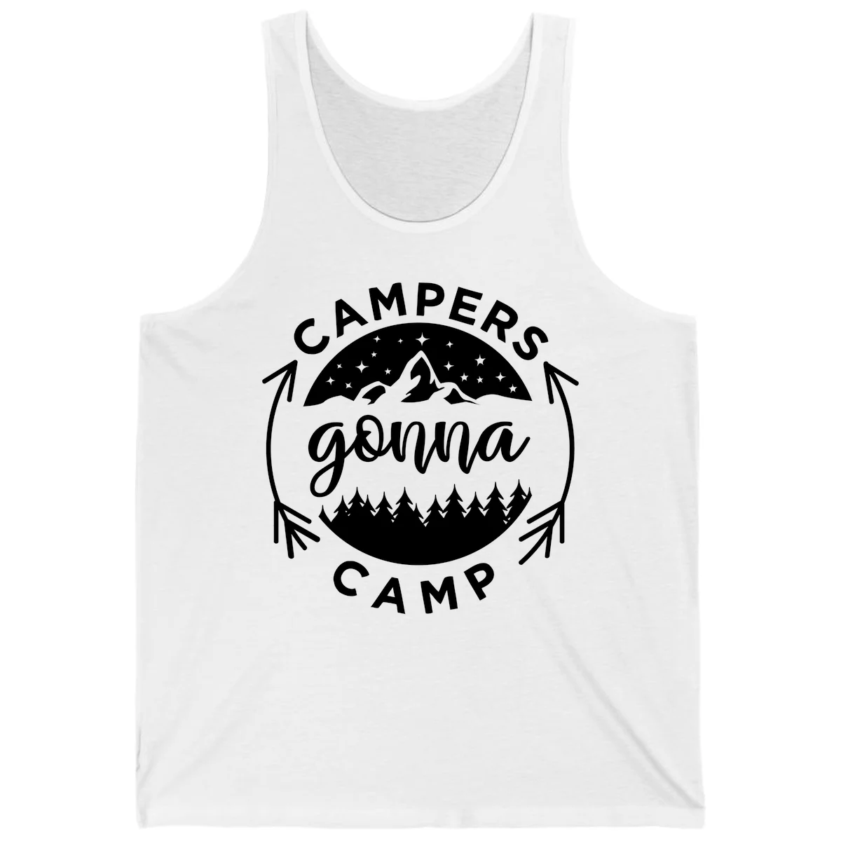 Circular badge design with 'Campers Gonna Camp' text, mountain peaks, starry sky, and pine forest illustration. in White