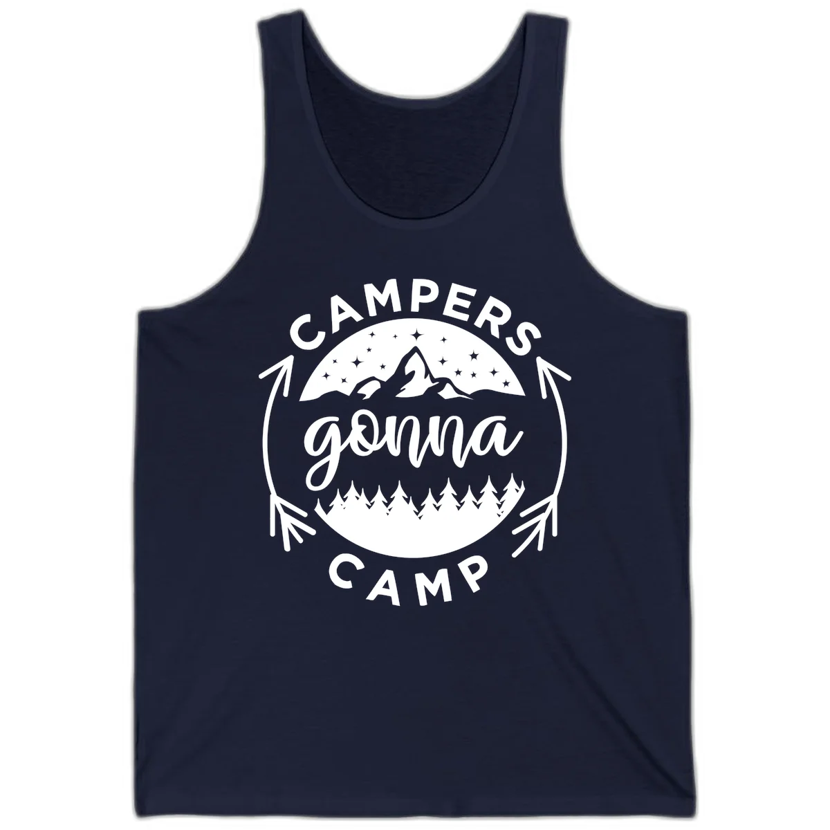 Circular badge design with 'Campers Gonna Camp' text, mountain peaks, starry sky, and pine forest illustration. in Navy
