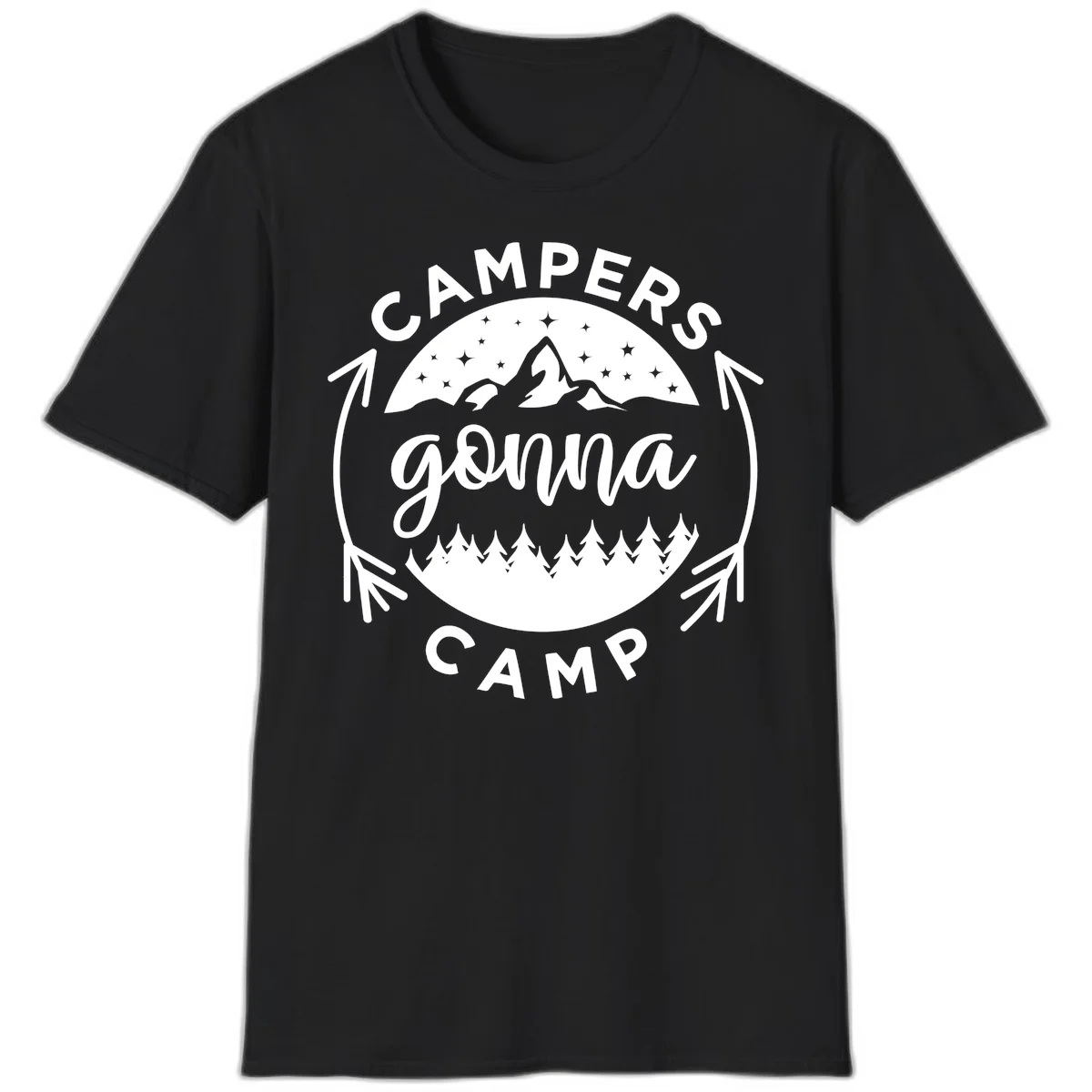 Circular badge design with 'Campers Gonna Camp' text, mountain peaks, starry sky, and pine forest illustration. in Black
