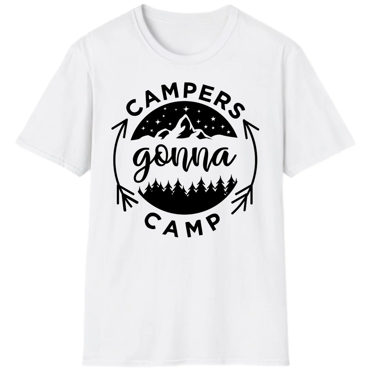 Circular badge design with 'Campers Gonna Camp' text, mountain peaks, starry sky, and pine forest illustration. in White