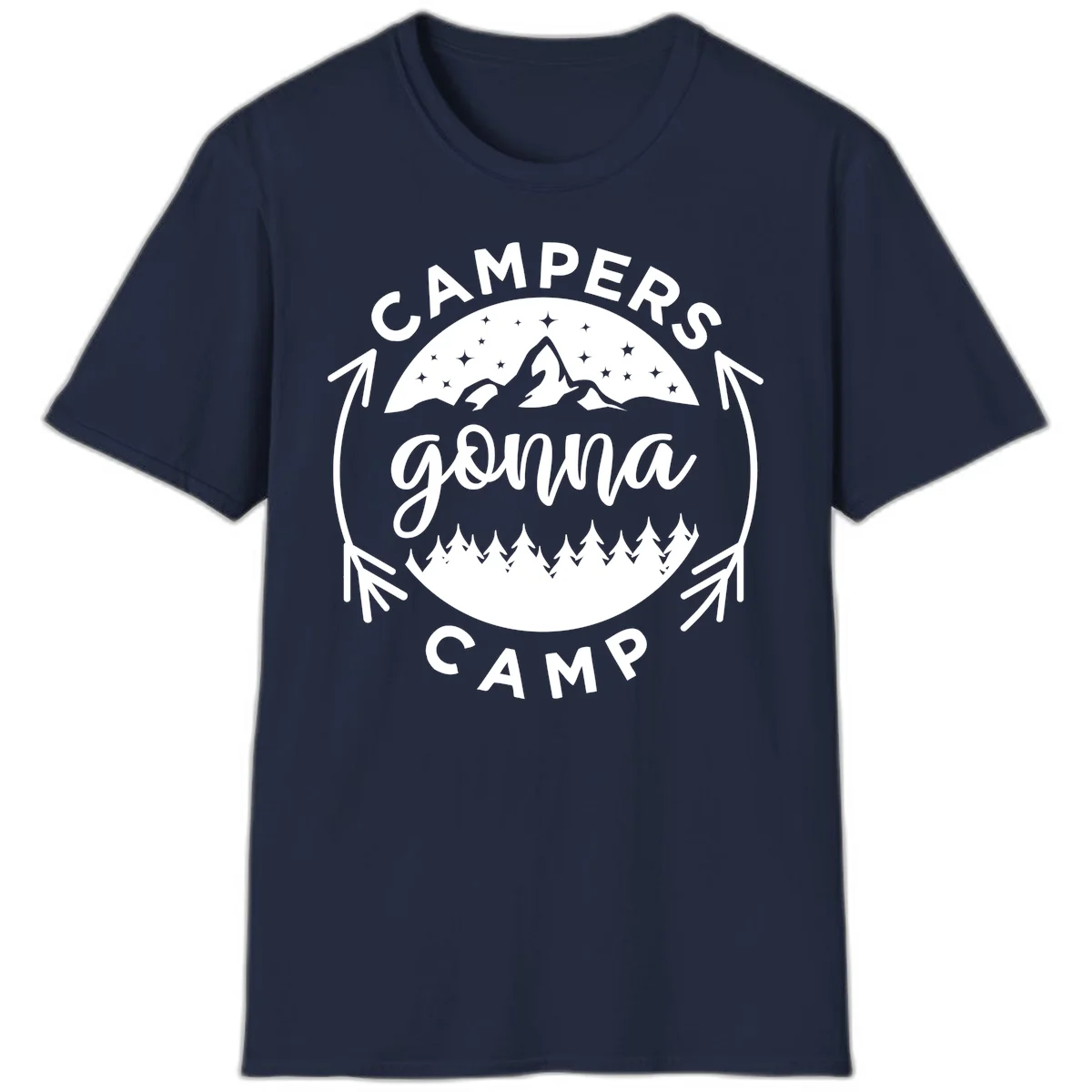 Circular badge design with 'Campers Gonna Camp' text, mountain peaks, starry sky, and pine forest illustration. in Navy