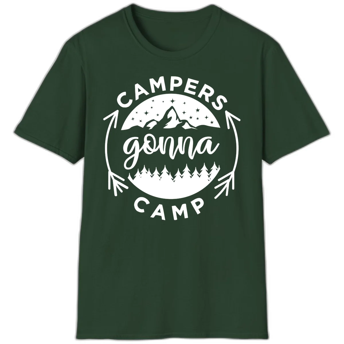 Circular badge design with 'Campers Gonna Camp' text, mountain peaks, starry sky, and pine forest illustration. in Forest Green