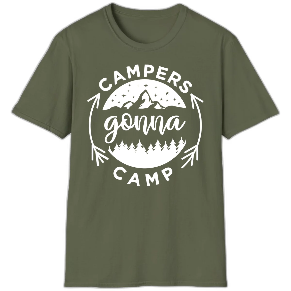Circular badge design with 'Campers Gonna Camp' text, mountain peaks, starry sky, and pine forest illustration. in Military Green