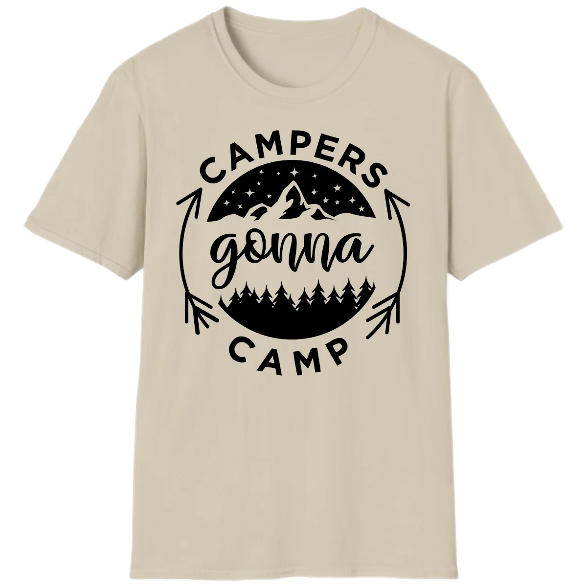 Circular badge design with 'Campers Gonna Camp' text, mountain peaks, starry sky, and pine forest illustration. in Sand