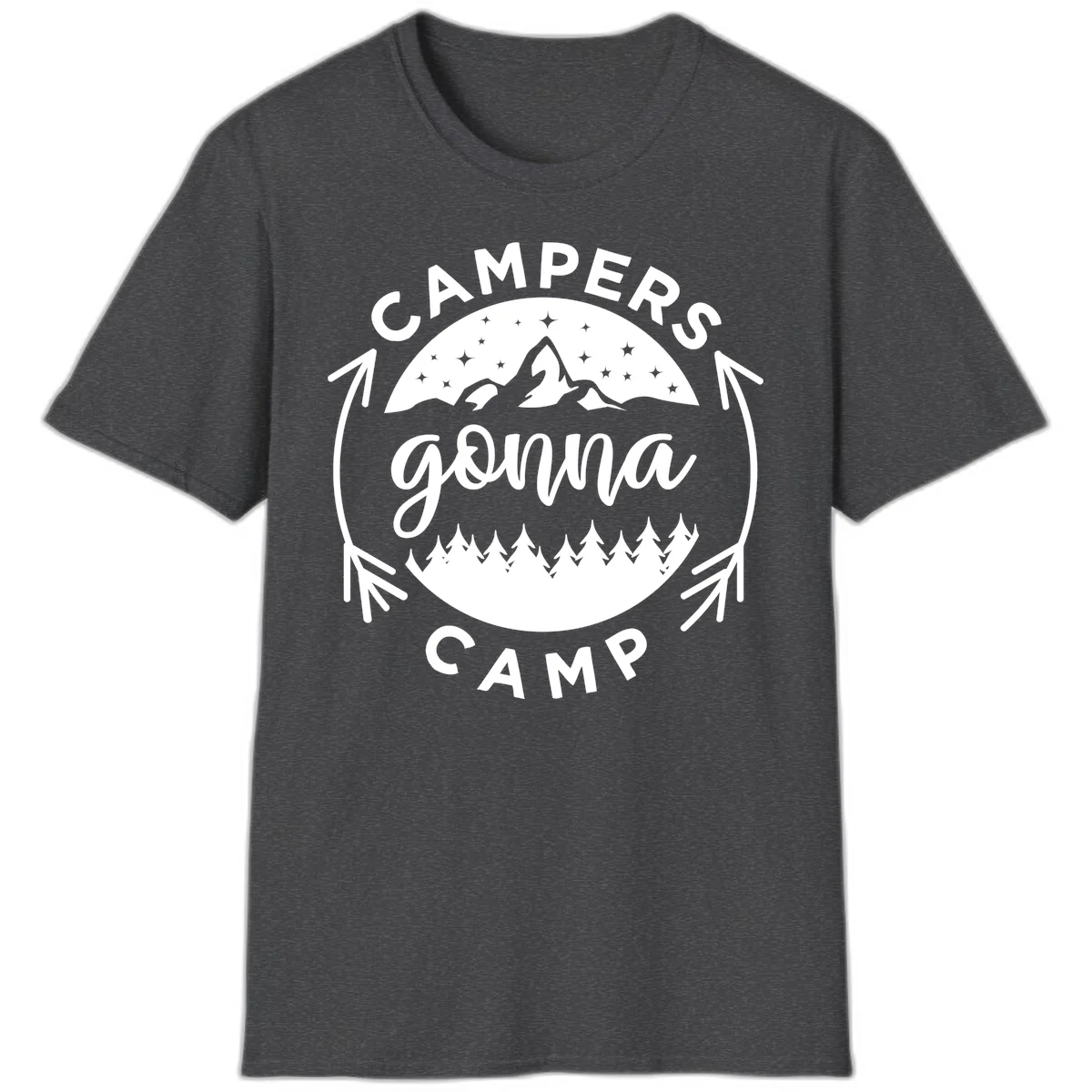 Circular badge design with 'Campers Gonna Camp' text, mountain peaks, starry sky, and pine forest illustration. in Dark Heather