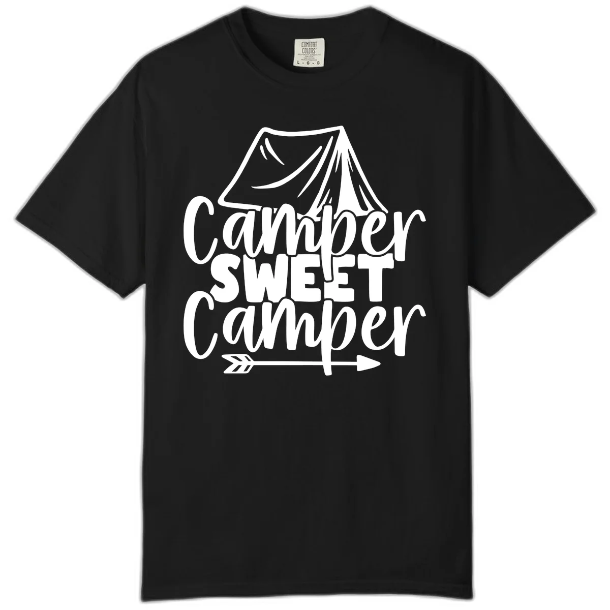 Camper Sweet Camper design with tent illustration and playful camping text in Black