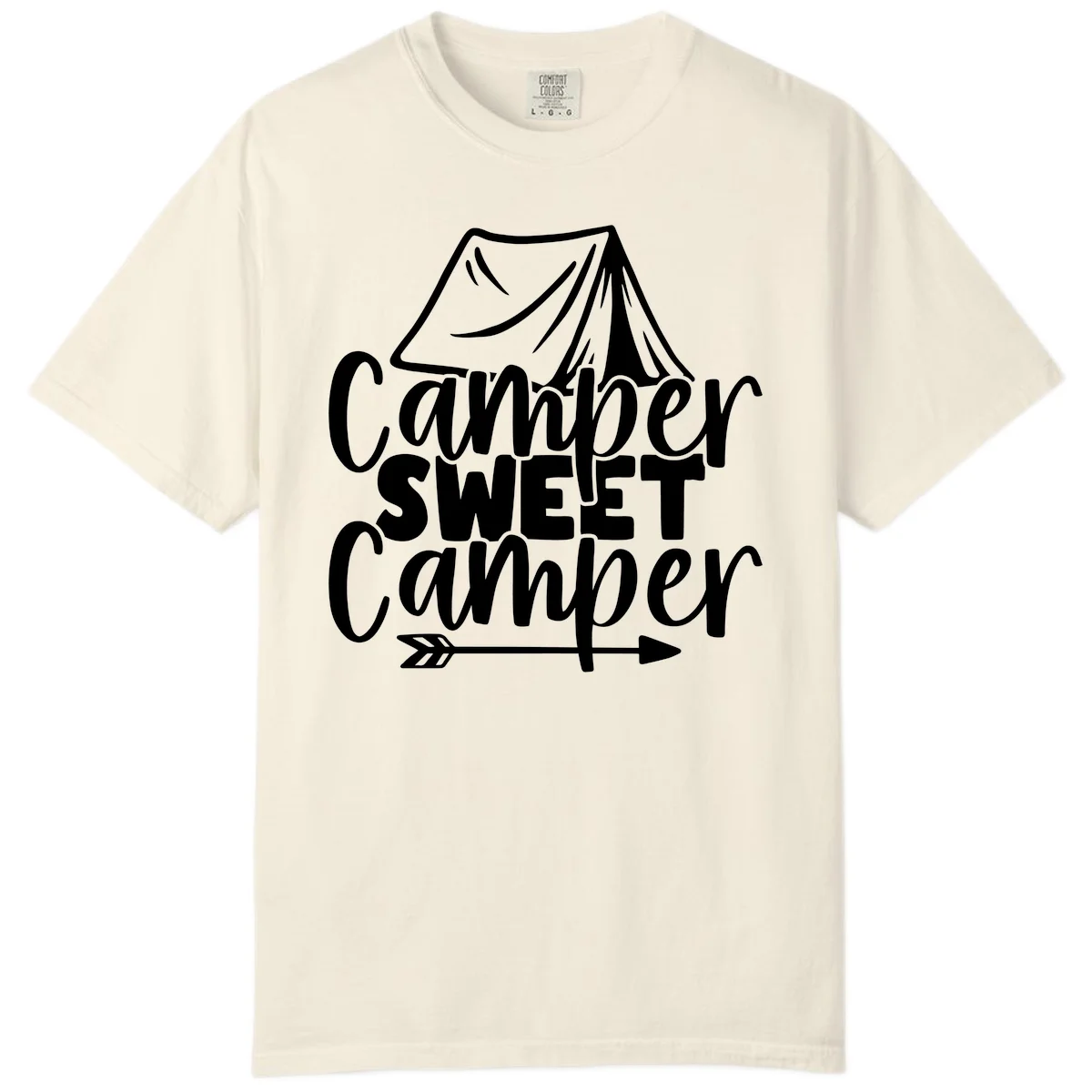 Camper Sweet Camper design with tent illustration and playful camping text in Ivory
