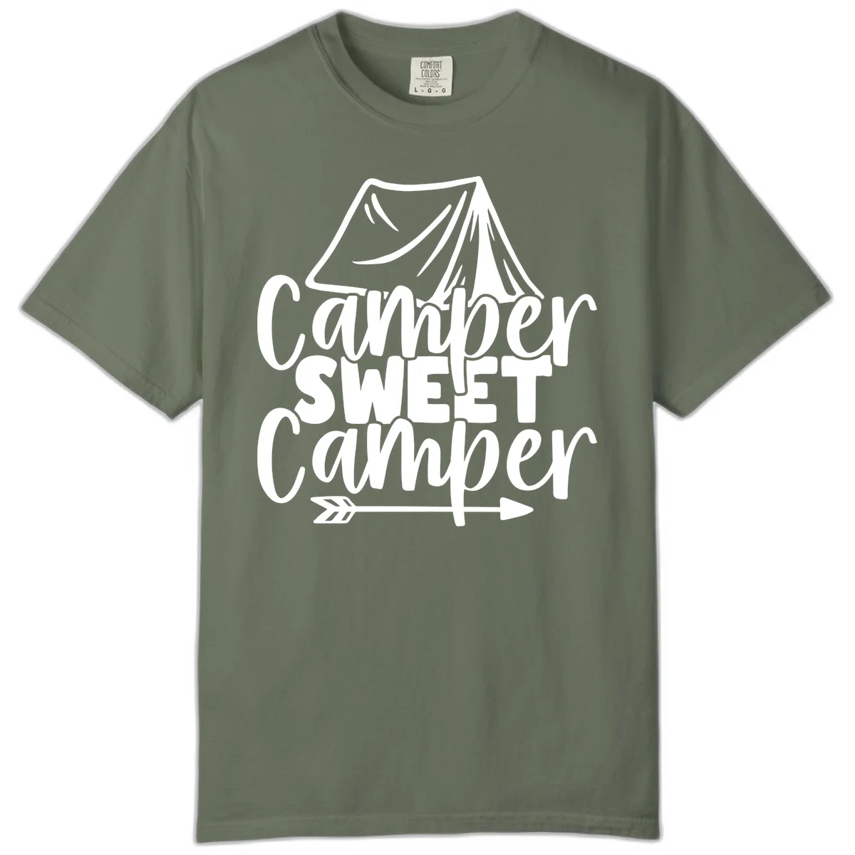 Camper Sweet Camper design with tent illustration and playful camping text in Moss