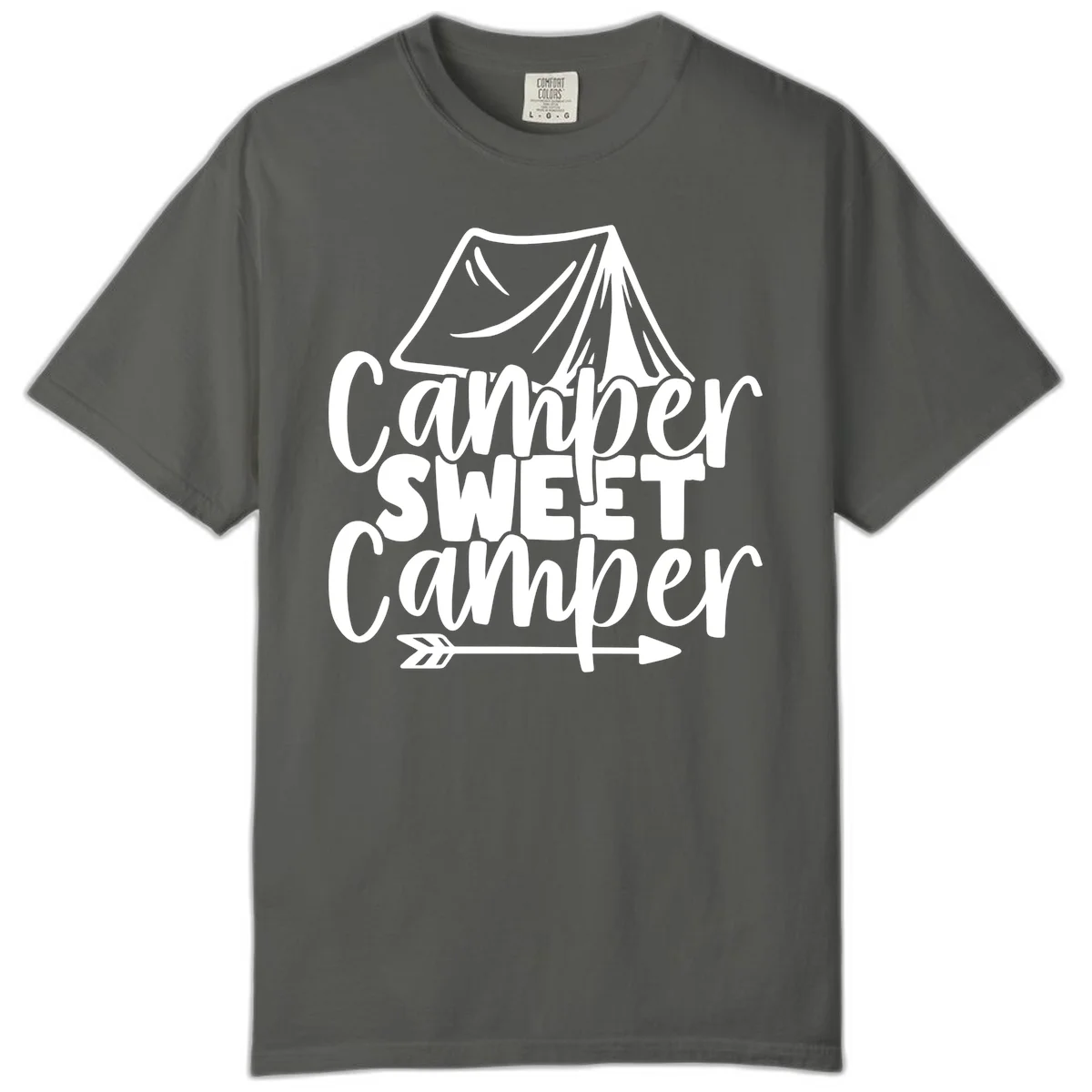 Camper Sweet Camper design with tent illustration and playful camping text in Pepper