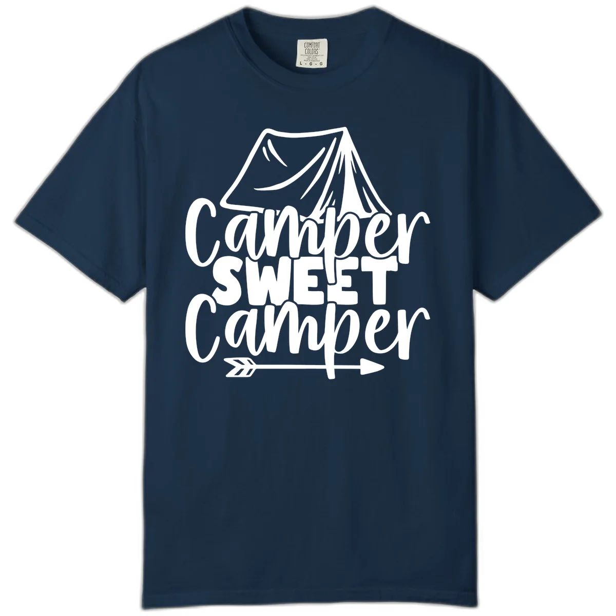 Camper Sweet Camper design with tent illustration and playful camping text in True Navy