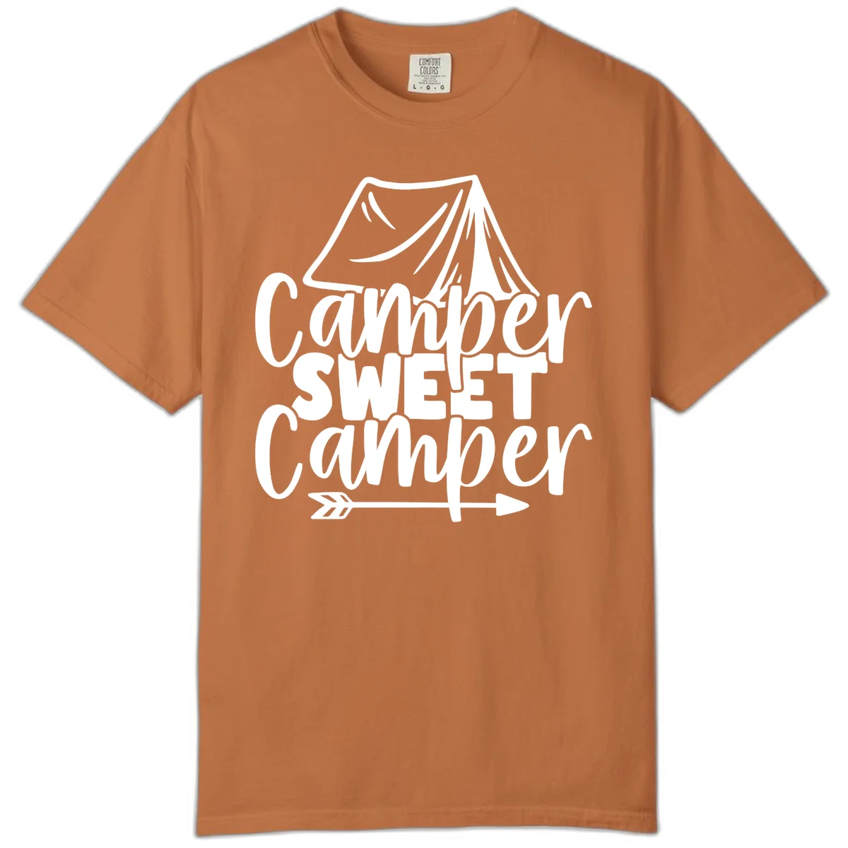 Camper Sweet Camper design with tent illustration and playful camping text in Yam